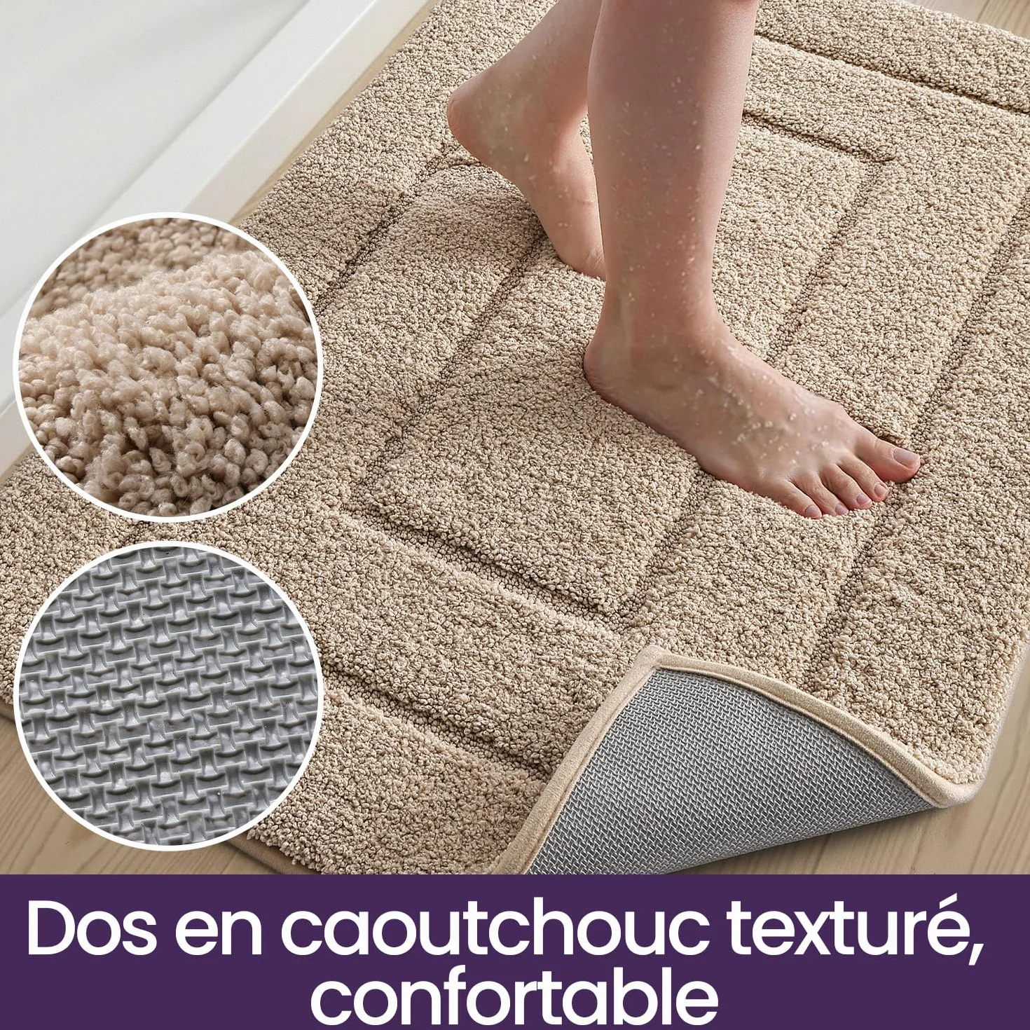DEXI Tapis de Bain Antidérapant 60x90 cm Microfibre Lavable en Machine Beige