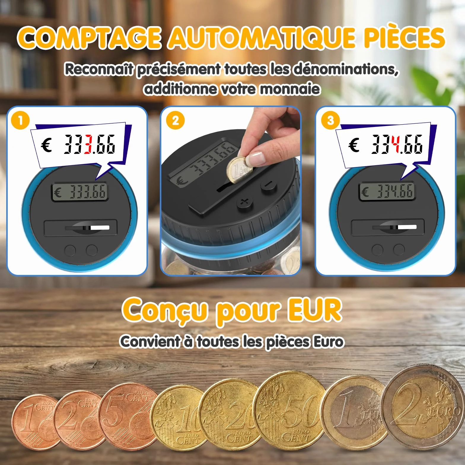 Pup Go Tirelire Electronique Transparente Numérique Écran LCD, XXL 1,8L Grande Capacité Compteuse Automatique de Pièces