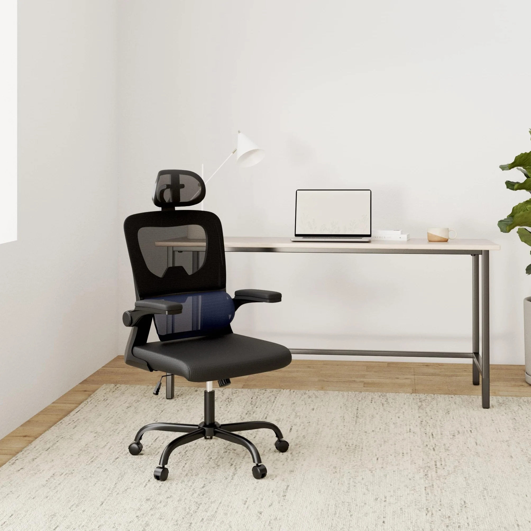 Chaise de Bureau Ergonomique Fauteuil Bureau Support Lombaire Dossier Appui-tête Réglables Accoudoir Réversible Siège Maille Respirante Noir