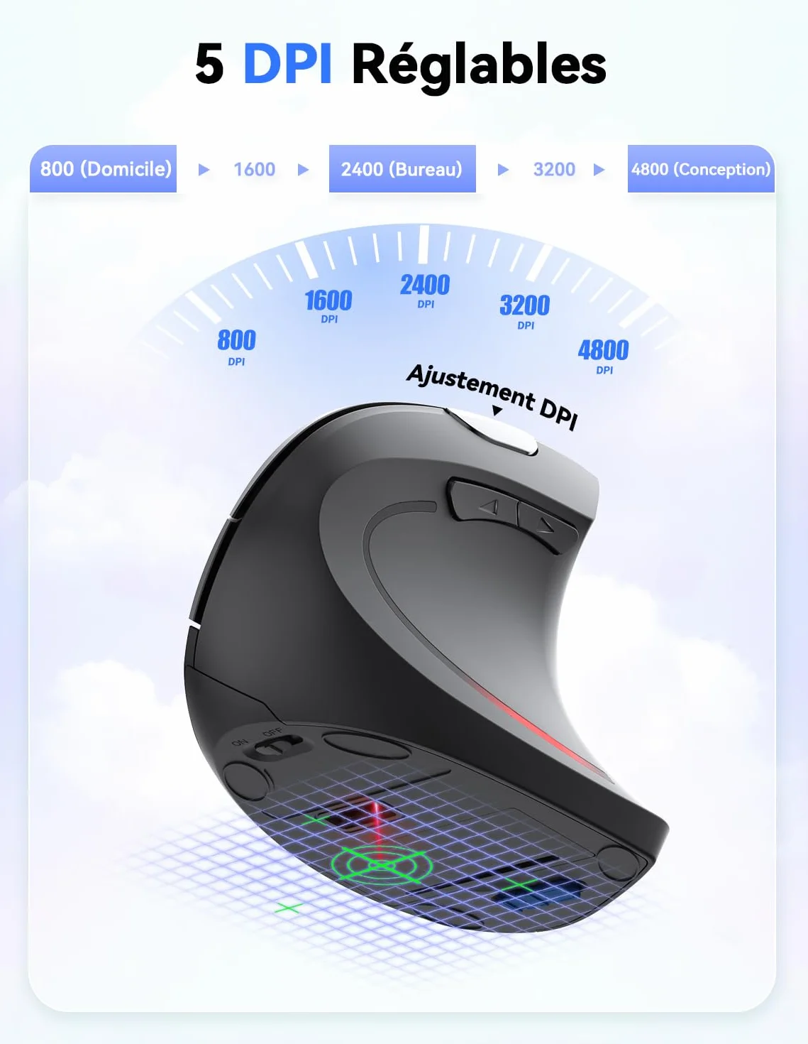 TECKNET Souris Ergonomique sans Fil 2.4G, Silencieuse Verticale 4800 DPI Réglable 6 Boutons LED