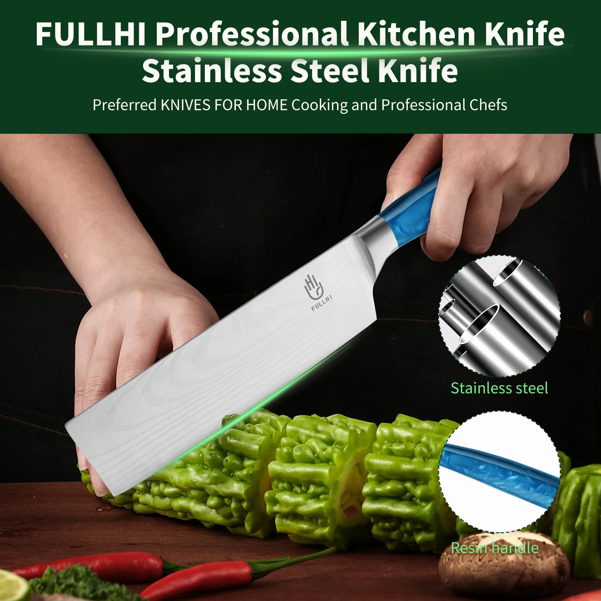FULLHI Couteau Nakiri, couteau japonais multicolore de 7 pouces avec étui, couteau de cuisine en acier inoxydable pour la cuisson de la viande et des légumes avec protection (Résine bleue)