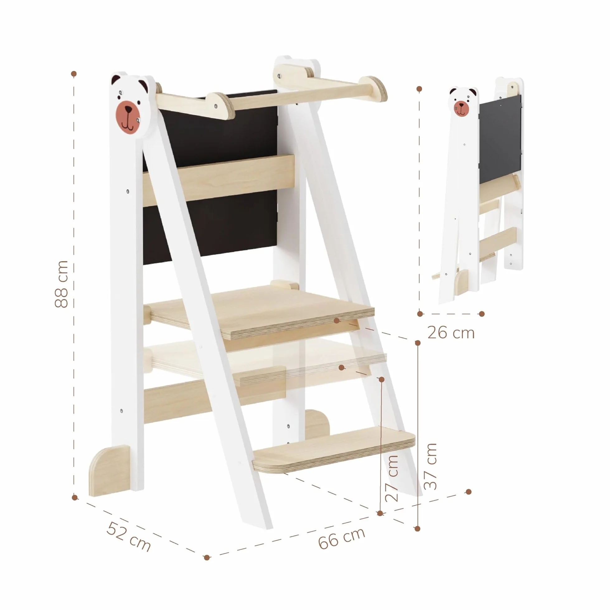 Buddy Baby Xplora - Tour d'apprentissage et tour d'aide dans la cuisine avec tableau - 3 en 1 - Pliable et avec 2 hauteurs - Marches pour enfants avec montage facile