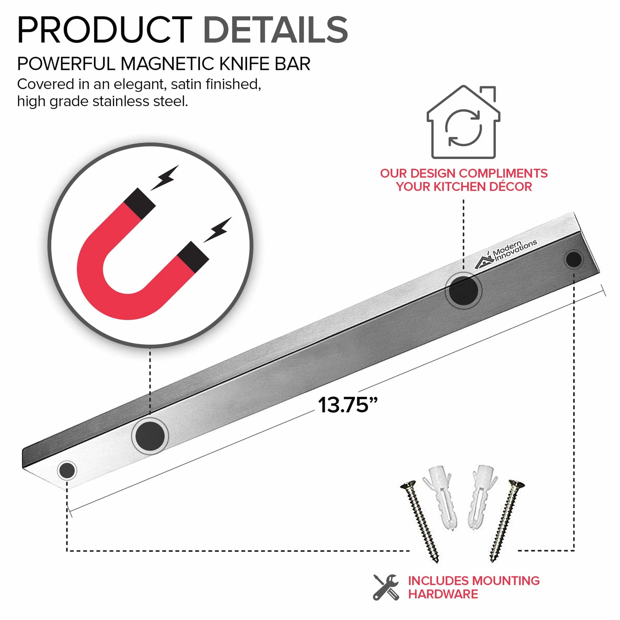 Barre magnétique en acier inoxydable de 35,6 cm - Utilisation comme porte-couteaux, barre à couteaux, porte-ustensiles de cuisine et porte-outils