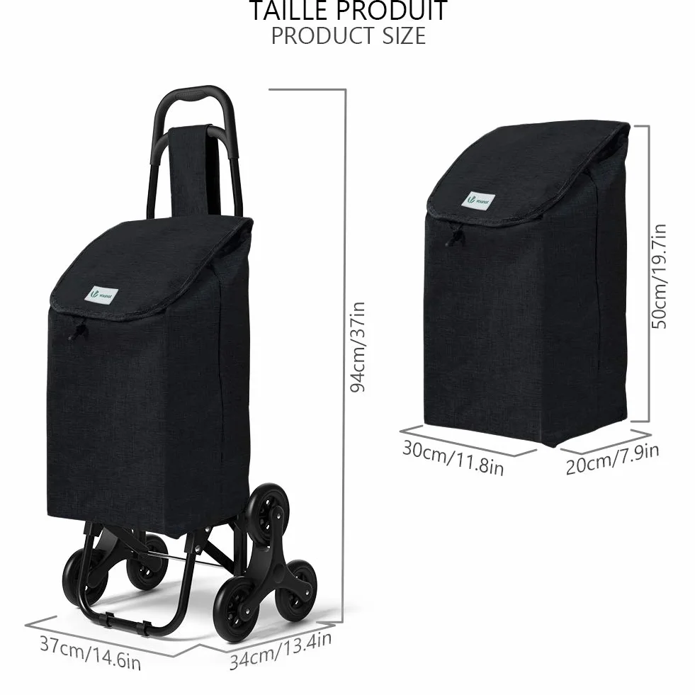 VOUNOT® Chariot de Courses 6 Roues Imperméable Pliable 2 en 1 Sac Oxford Noir
