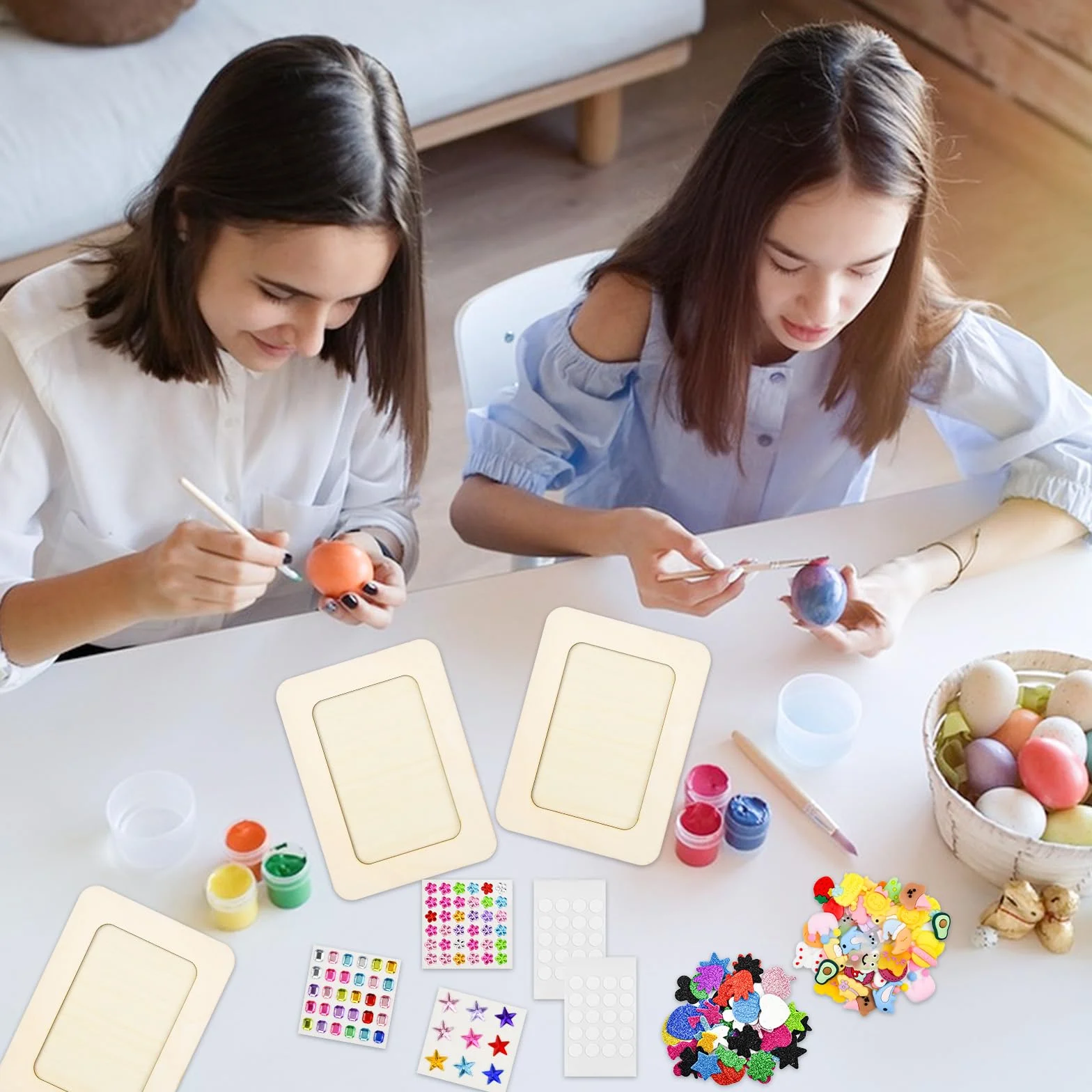 Lot de 8 cadres photo en bois à peindre avec 4 autocollants - Kit de bricolage pour enfants