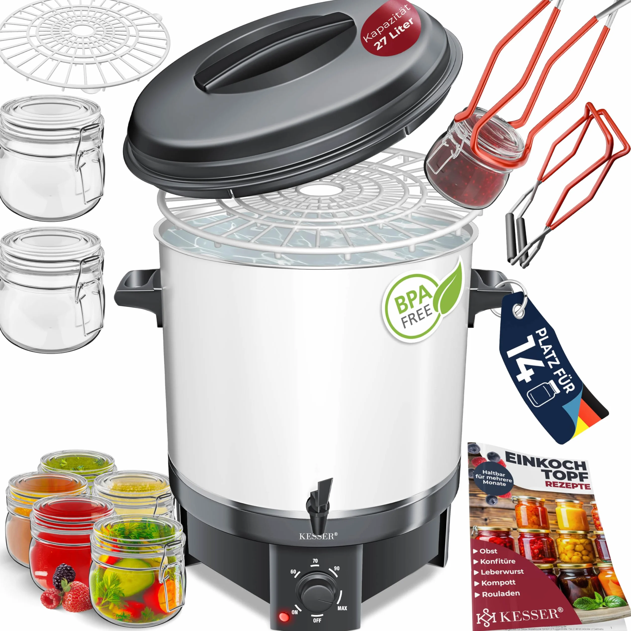 Autocuiseur KESSER 27 litres, acier inoxydable | 1800 watts | Température de 30 à 100 °C | Fonctionnement continu | Arrêt automatique Autocuiseur automatique blanc