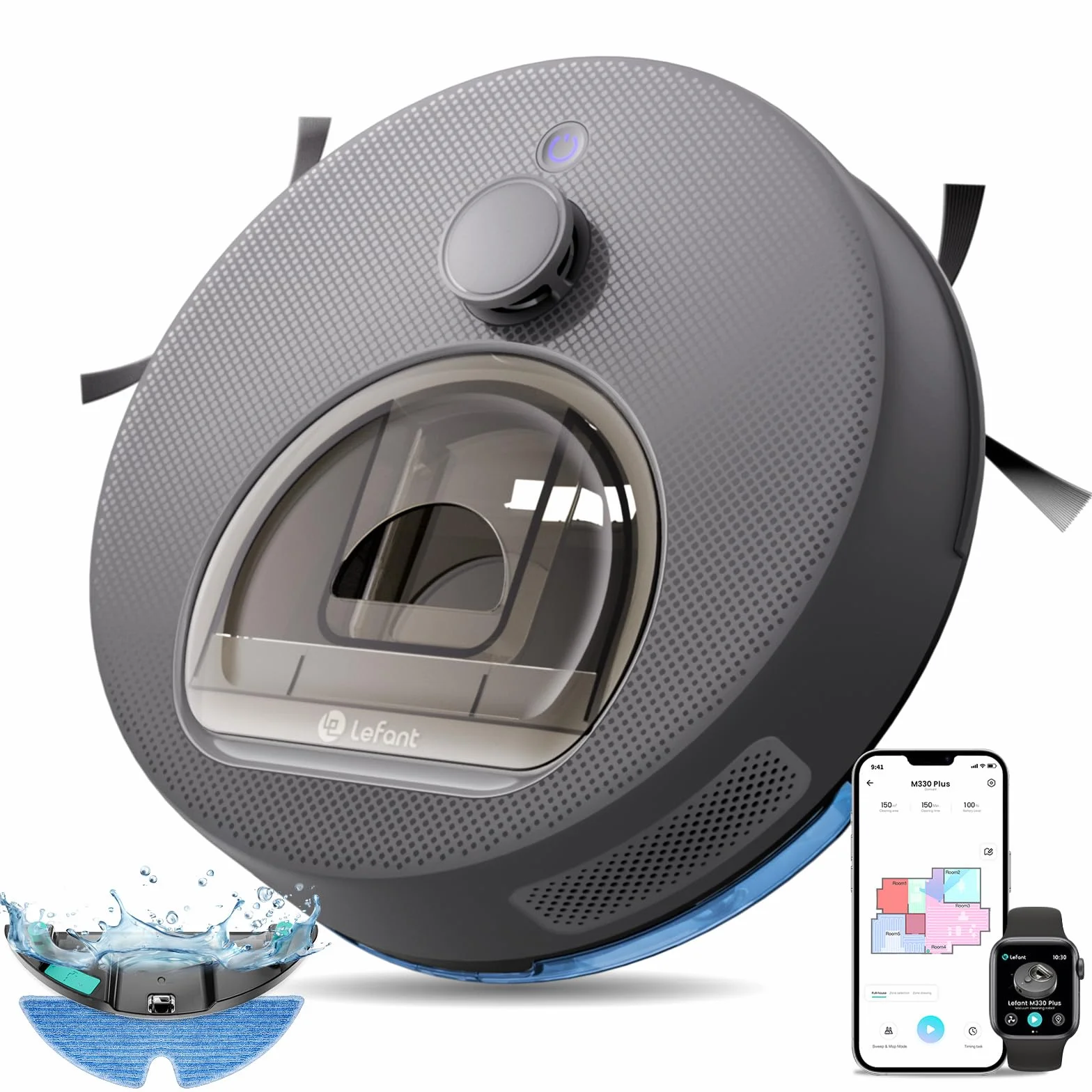 Lefant M330 Plus Aspirateur Robot Laveur 3en1, 5000Pa, 150Min, Système Freemove 3.0, Anti-emmêlement, Navigation LiDAR Précise, Zone Interdite Intelligente, 3 Niveaux d'Aspiration, APP/Alexa, Gris
