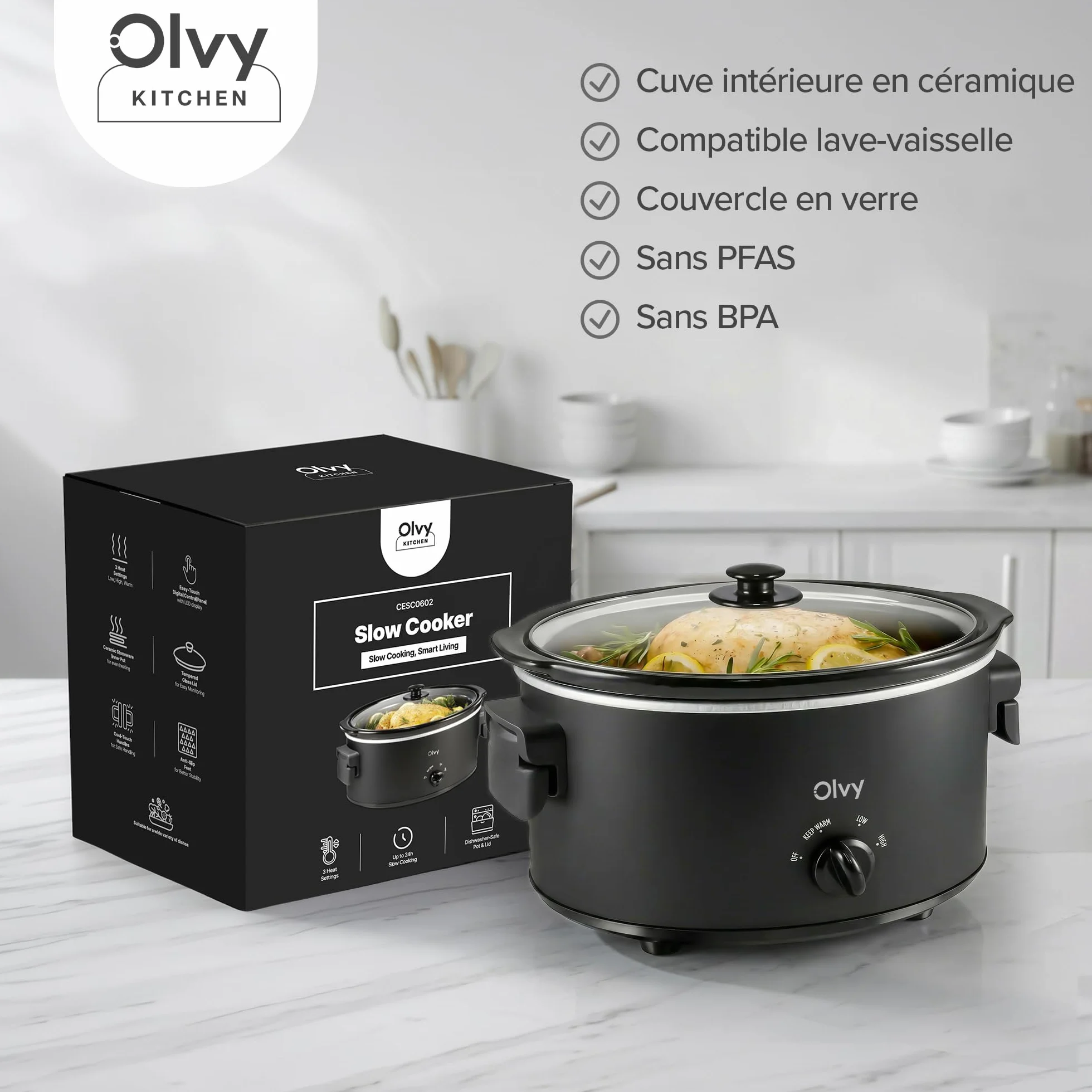 Olvy Mijoteuse 6 l en céramique avec 3 niveaux de cuisson et poignées pliables