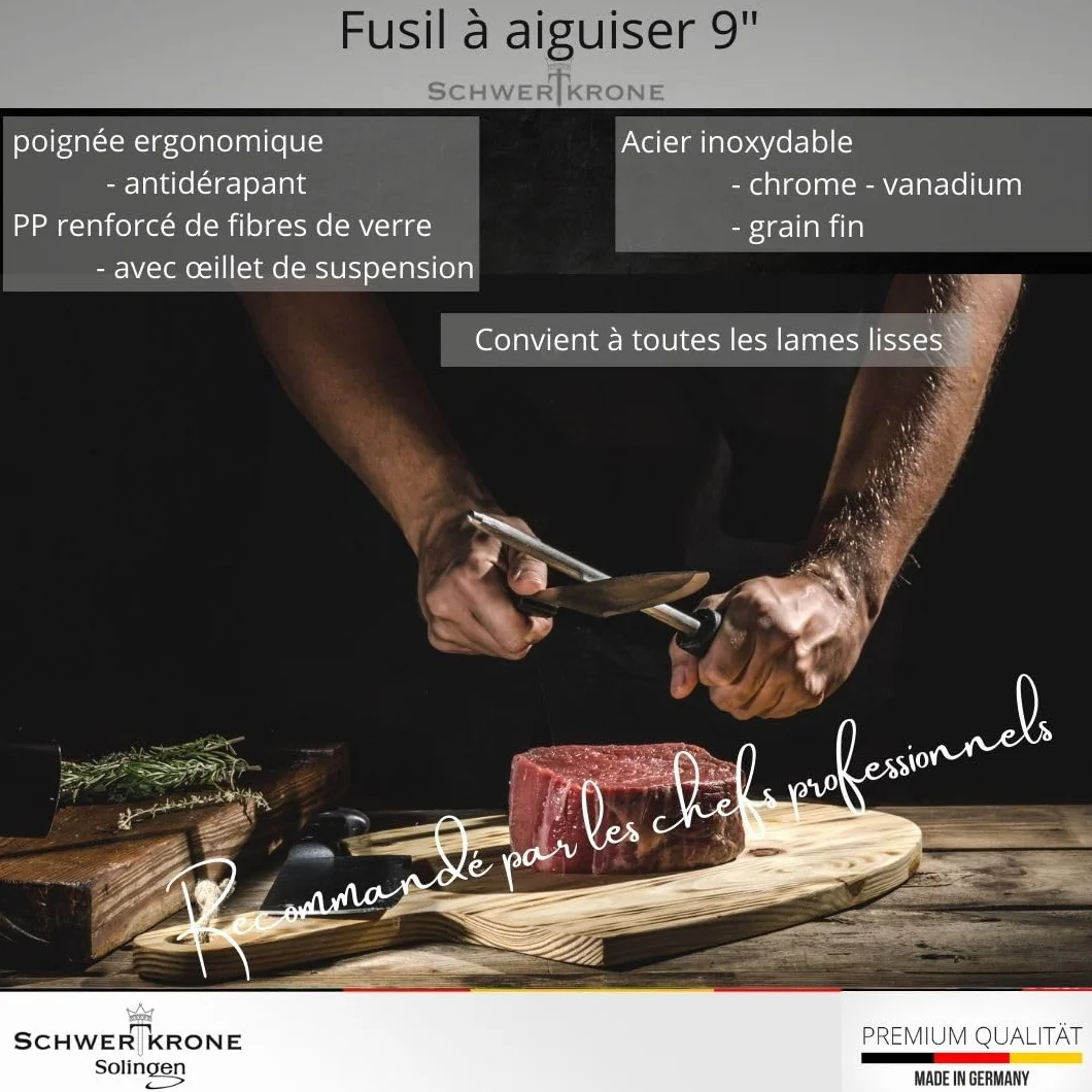 SCHWERTKRONE® Fusil à Aiguiser Solingen Acier Inoxydable Made in Germany - Sharpening Steel Chrome Vanadium pour Couteaux de Cuisine