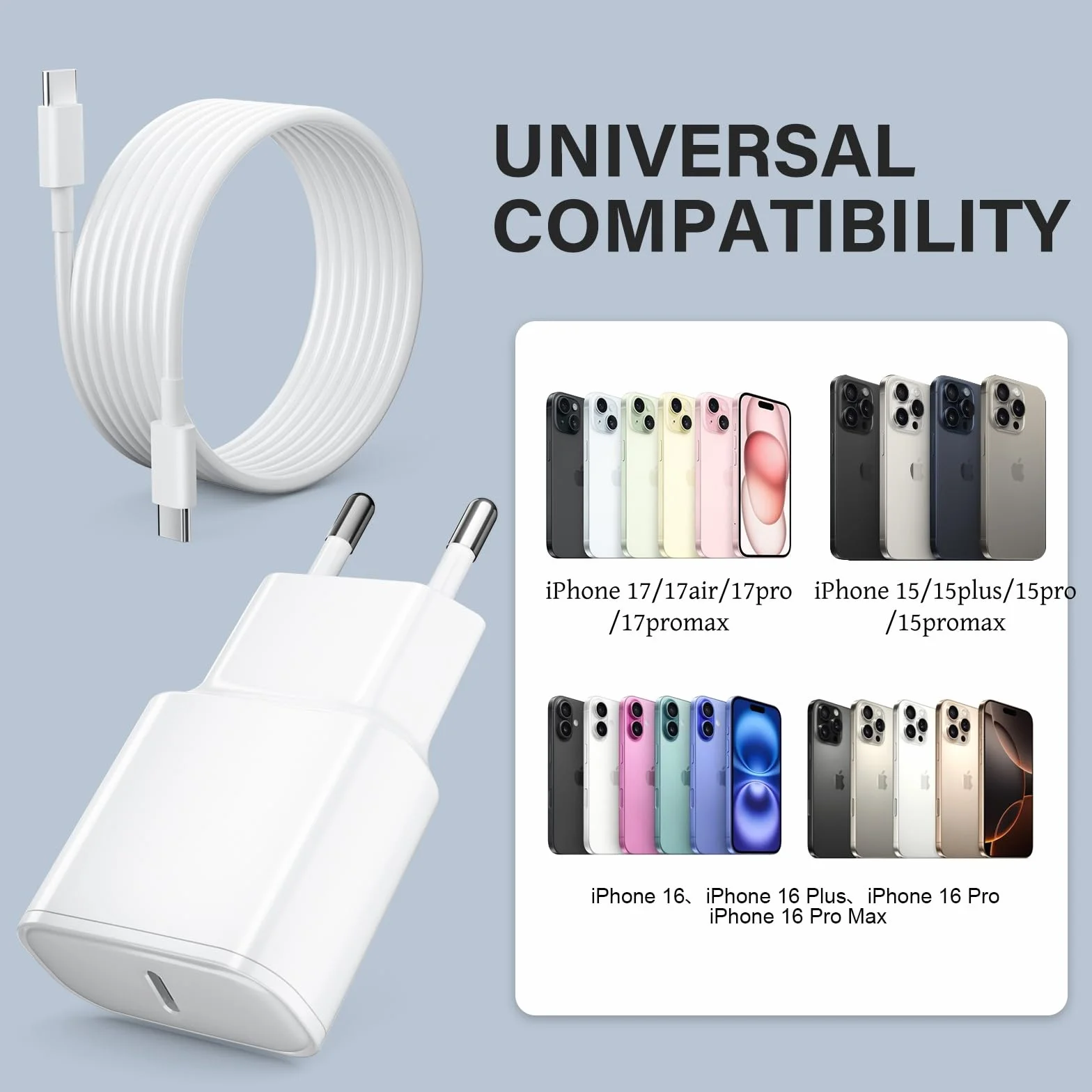 Chargeur Rapide USB C 25W PD 3.0 pour iPhone 17/16/15 Pro/Pro Max/Plus, iPad Pro/Air 2024