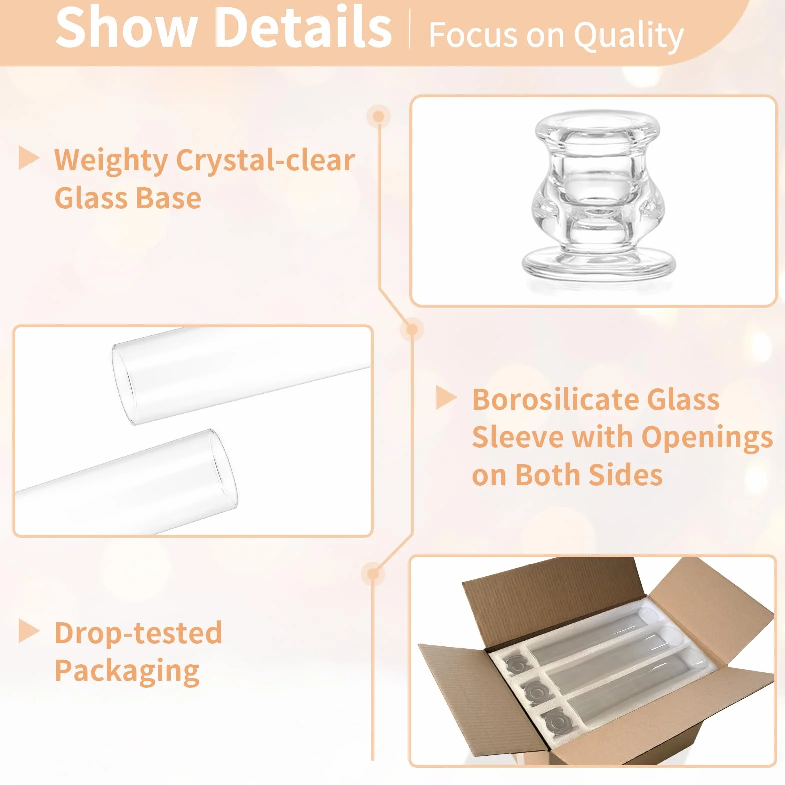 NUPTIO Bougeoirs en Verre Lot de 6 Bougeoirs Transparents de 30cm de Haut - Support de Bougies Coniques avec Couvercle Cylindrique Résistant au Vent pour la Décoration de la Cheminée
