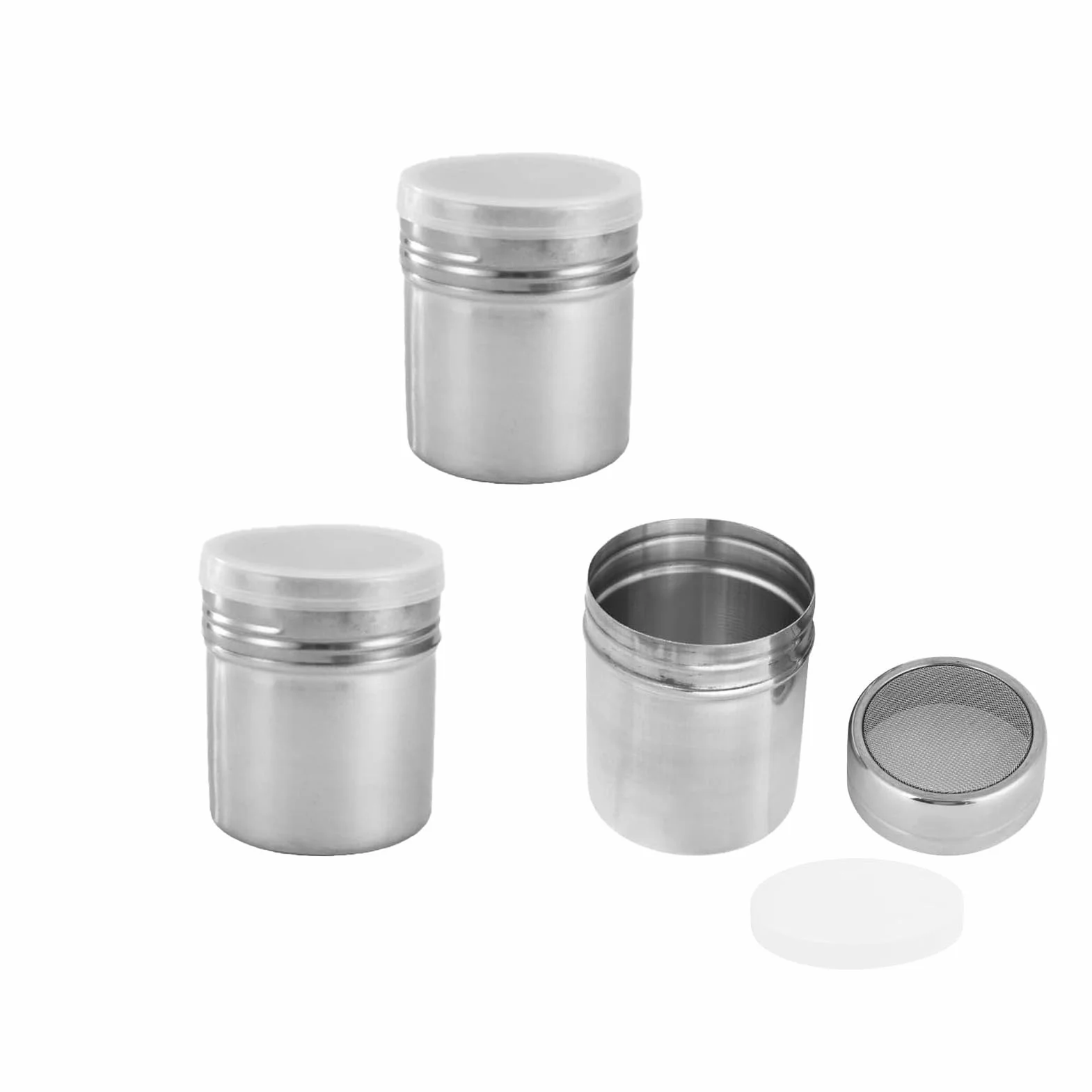 Lot de 3 saupoudreuses en acier inoxydable (7,1 x 5,1 cm) avec couvercles – Pour sucre glace, cacao, farine, épices – Idéal pour pâtisserie et café