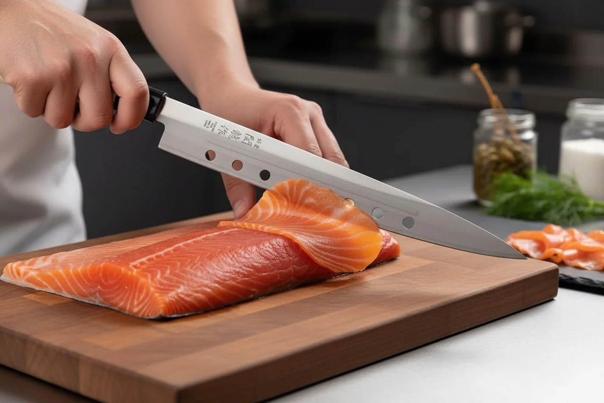 Cocktail7 Couteau Japonais Yanagiba Sashimi Sushi Couteaux de Cuisine pour Filet de Poissons Japon Acier Inoxydable Lame 21 cm Fabriqué au Japon (Avec Alvéoles)
