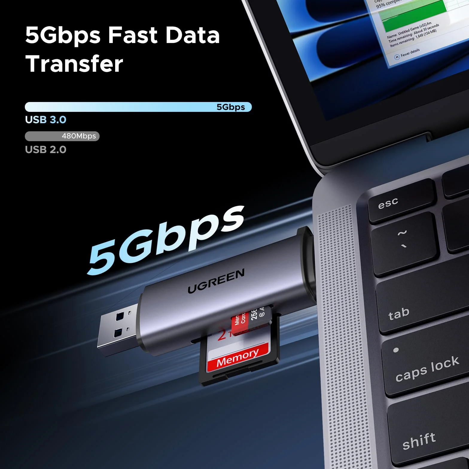 UGREEN Czytnik kart USB 3.0 i USB C Zewnętrzne czytniki kart pamięci TF i SD USB 2 w 1 Kompatybilne z systemami Windows, Mac OS, Linux, Android i iOS.