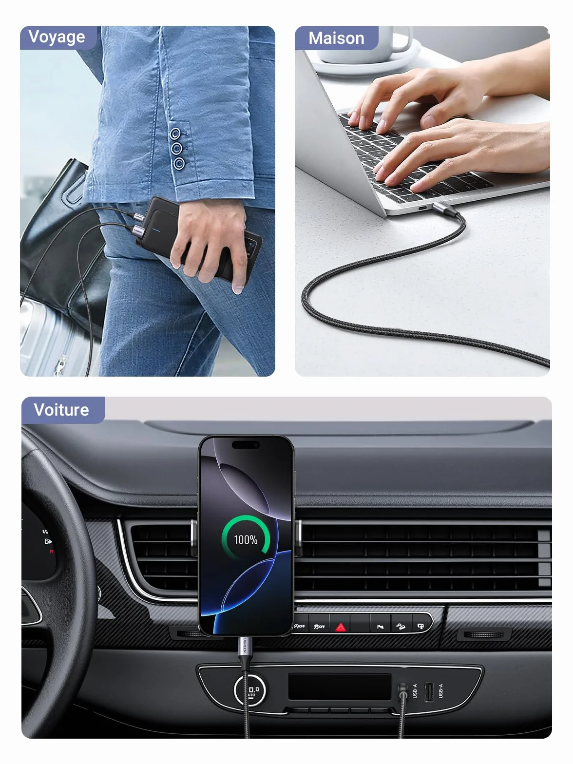 UGREEN Câble USB C Charge Rapide 3A QC3.0 480Mbps Nylon Tressé Compatible iPhone 16 15 Pro Max Plus Galaxy S25 S24 A16 A56 Xiaomi Note 15 14 Pixel 10 9 iPad 0.5M