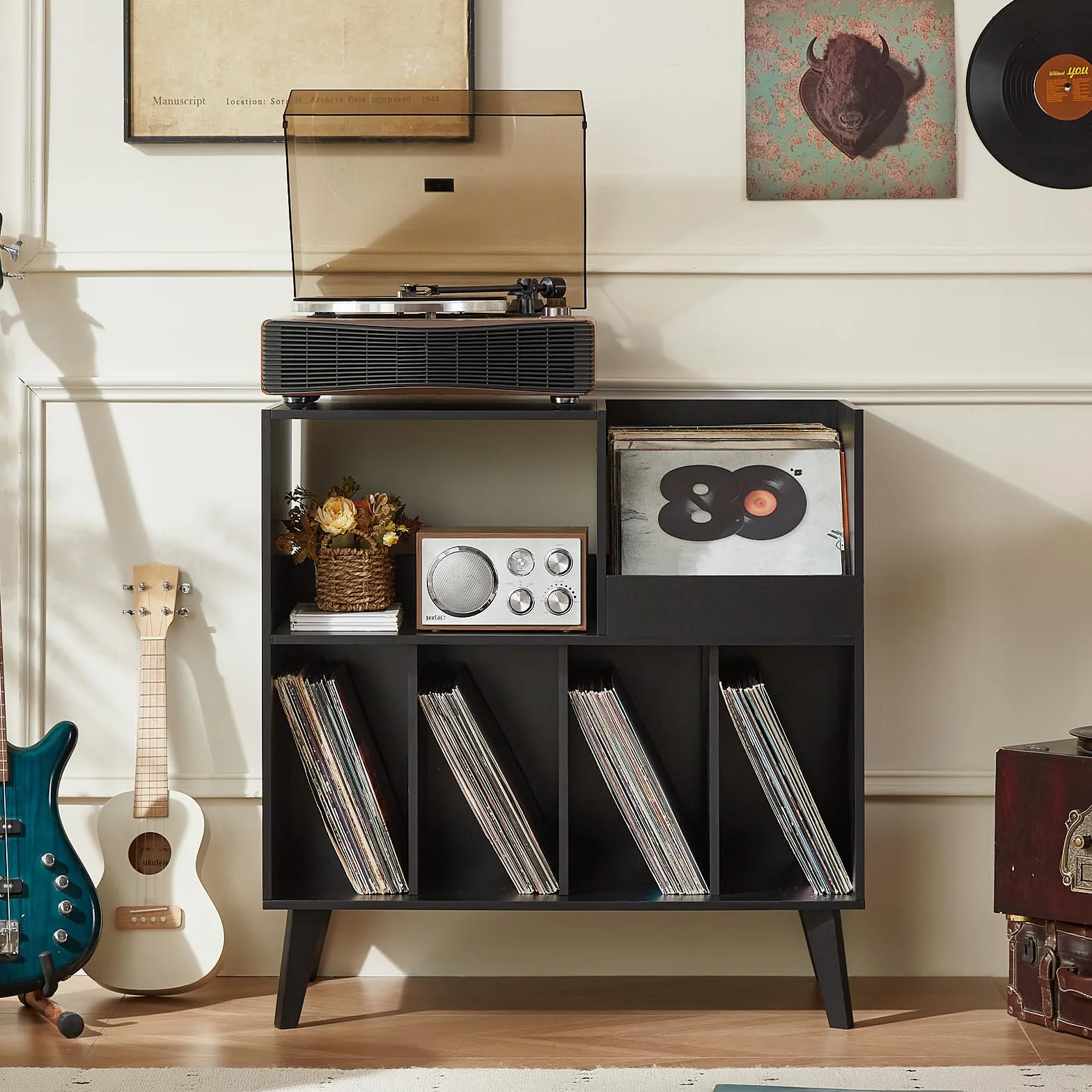Großer Plattenständer mit Aufbewahrung,Plattenspieler-Ständer mit Ablage,Vinylplatten-Halterung mit Präsentationsfläche,Plattenständer für bis zu 300 Alben, Plattenregal für Musikzimmer und Wohnzimmer