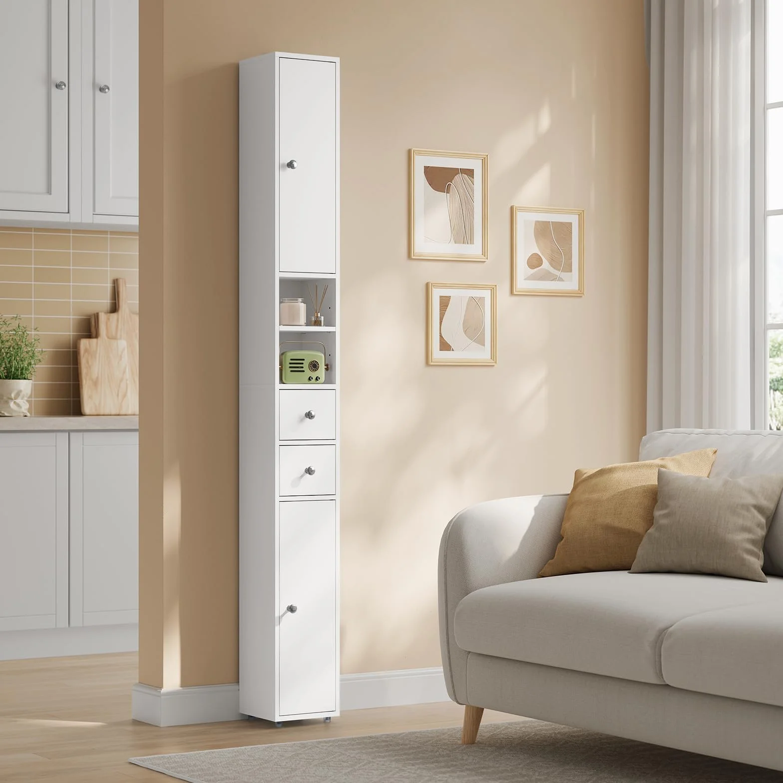 EUGAD Meuble Colonne de Salle de Bains, Armoire Rangement WC avec 2 Tiroirs, 2 Portes, Étagères Réglables et Compartiments Ouverts, Blanc, 20x20x180cm
