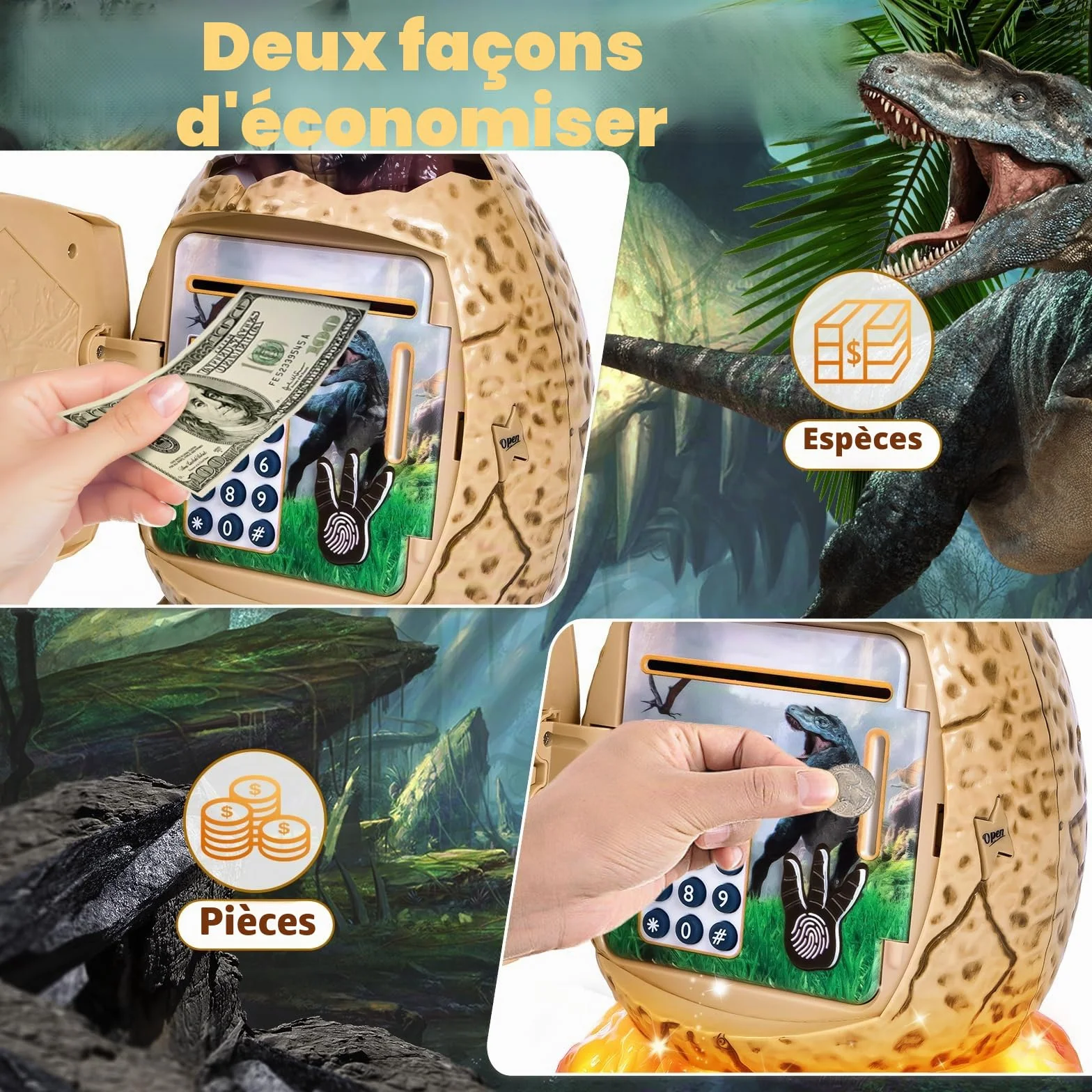 Yellcetoy Tirelire Électronique Enfant Œuf Dinosaure Coffre Fort Code Sécurité Musique Lumière Cadeau