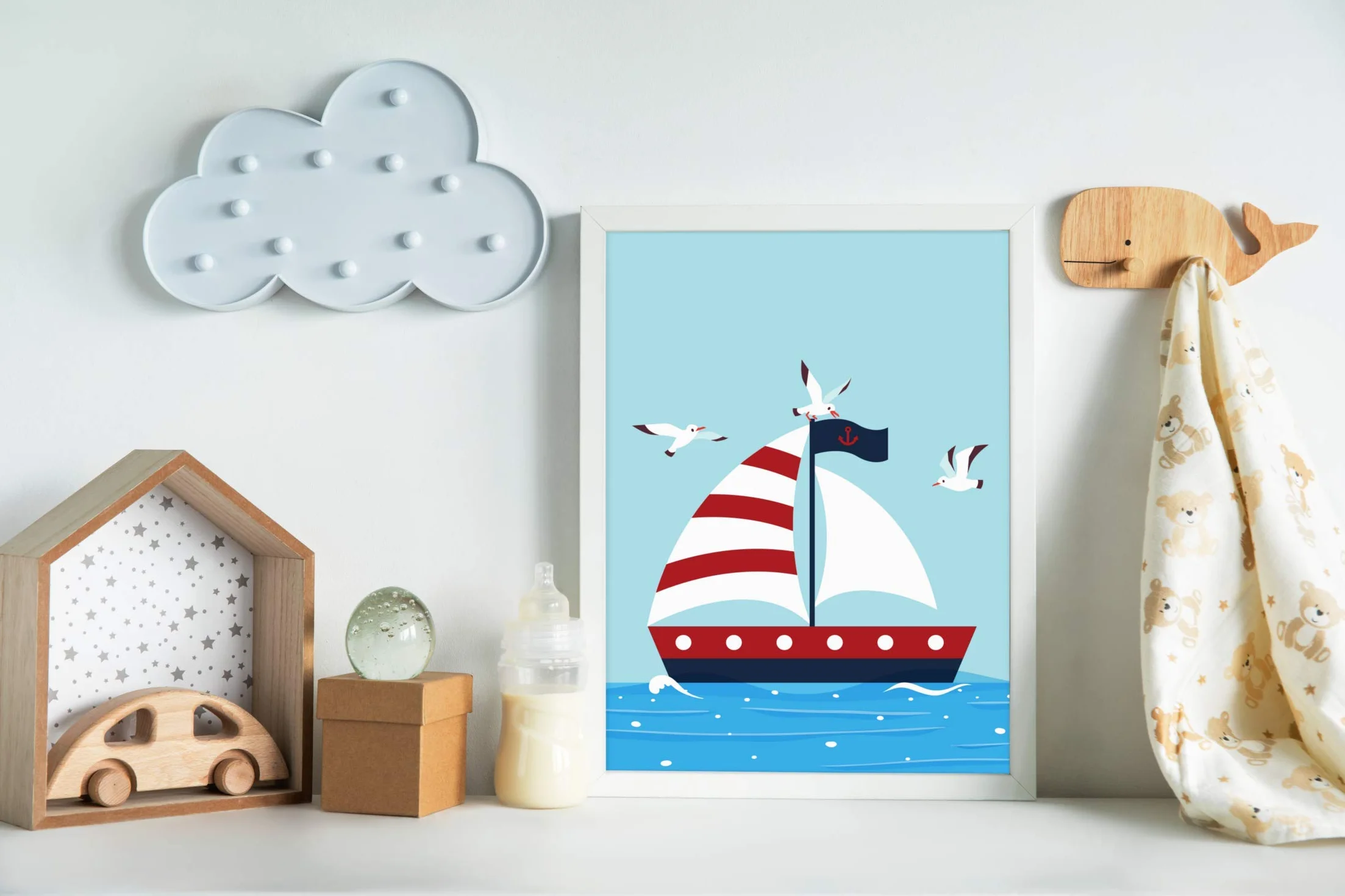 Lot de 4 posters décoratifs pour chambre d'enfant, format DIN A4, motifs voile maritime mouettes