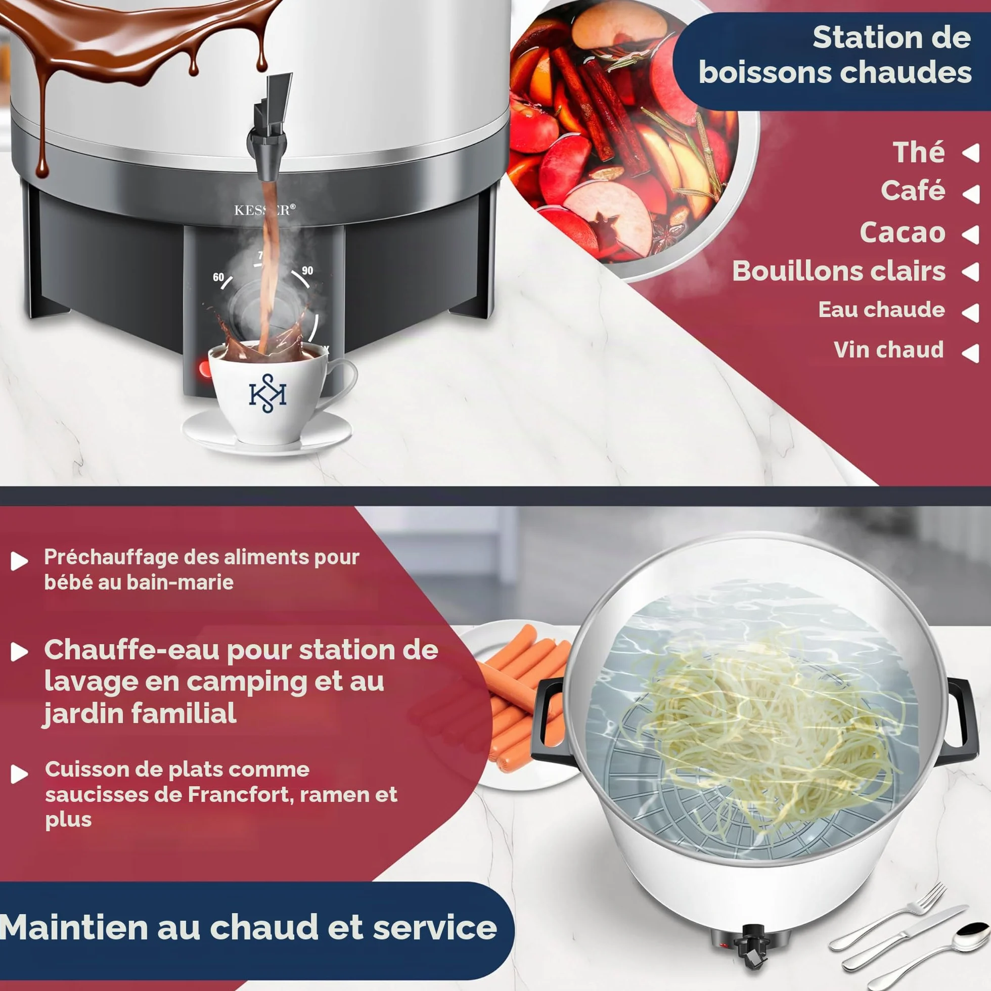 Autocuiseur KESSER 27 litres, acier inoxydable | 1800 watts | Température de 30 à 100 °C | Fonctionnement continu | Arrêt automatique Autocuiseur automatique blanc