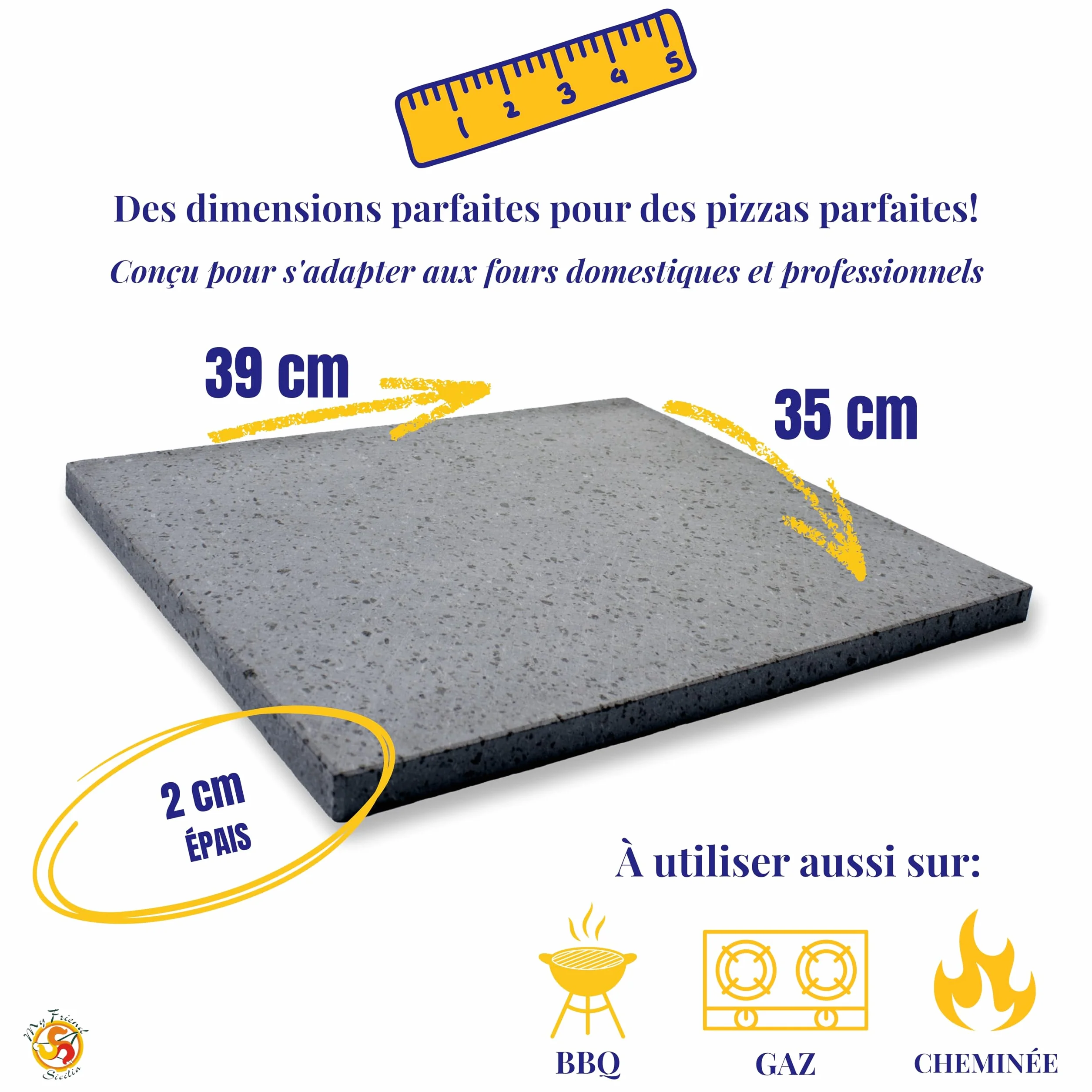 Plaque réfractaire pour pizza en pierre de lave de l'Etna 39x35x2 cm – Fabriqué en Italie Sicile - pour Four Traditionnel au Bois Barbecue Grill et Charbon