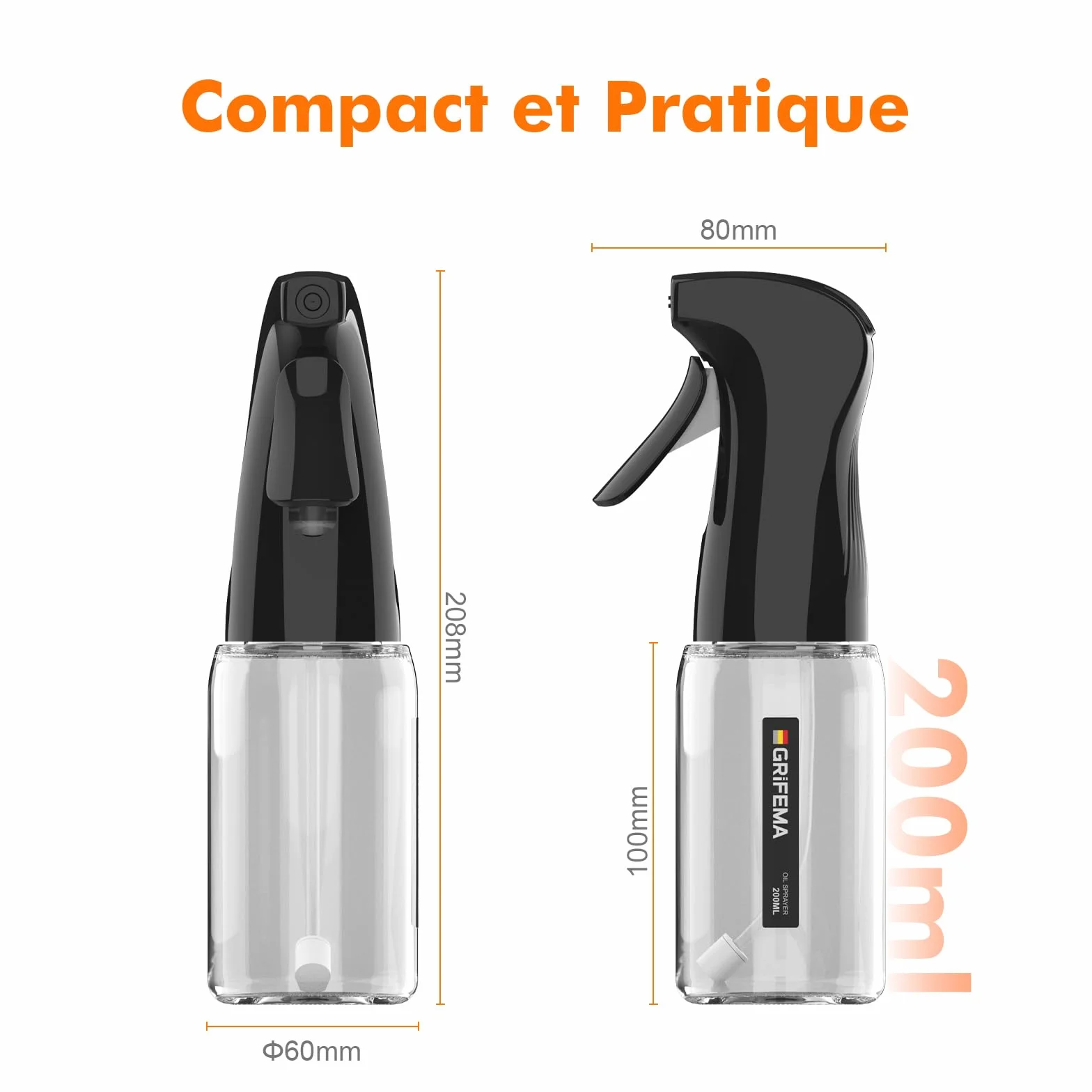 GRIFEMA Spray d'Huile à Jet Contrôlé 200 ml en Verre – Distributeur Antigoutte pour Huile et Vinaigre, Contrôle des Portions, Friteuse à Air, Grillades et Cuisine