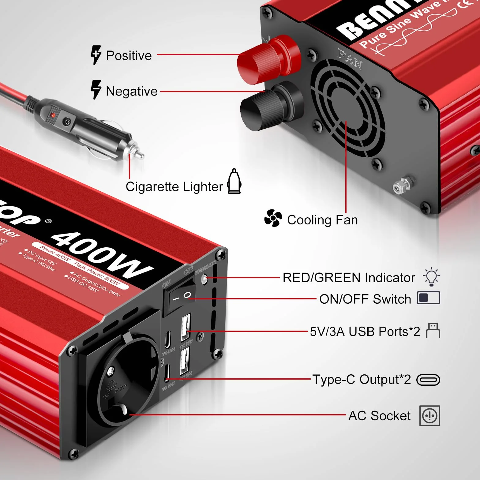 400W/800W konwerter 12 V 230 V Pure Sinus samochodowy falownik napięcia Transformator z 4 portami USB typu - A/C, 1 gniazdo UE Ładowanie laptopa, iPada, iPhone'a i nie tylko