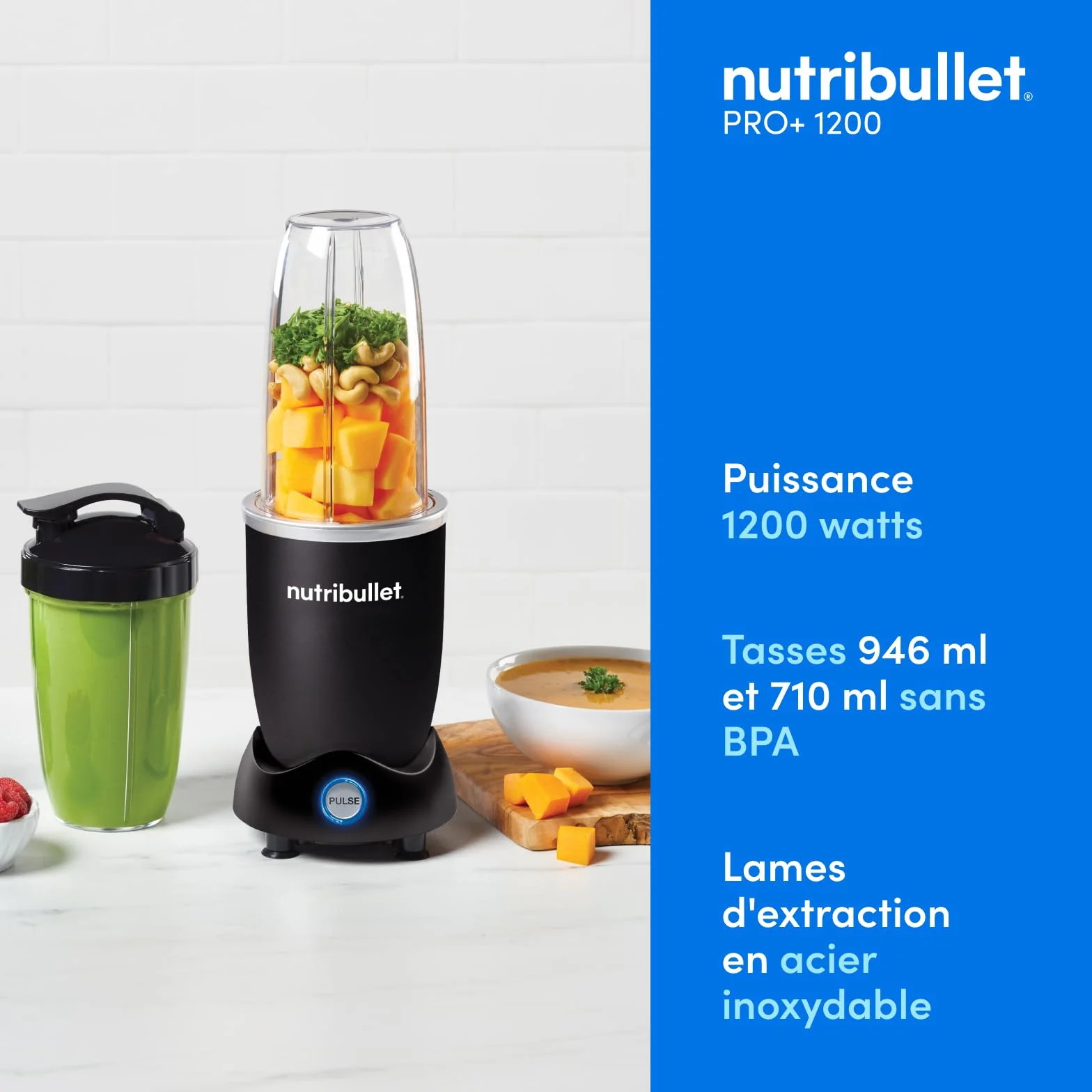 Nutribullet Pro 1200, Blender électrique, Broyeur, Smoothie Blender, Blender multifonctions, puissance 1200w, verres 700ml et 900ml, noir, NB120MB