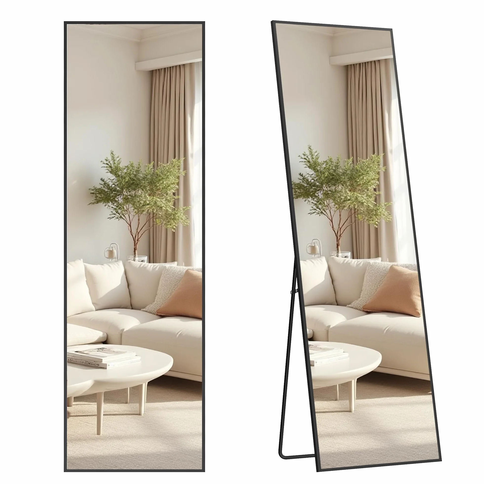 SONGMICS Miroir Intégral, Miroir Rectangulaire sur Pied, à Poser au Sol, Cadre en Alliage d’Aluminium, Verre Trempé, pour Chambre, Salon, Dressing, Coins Droits, 160 x 50 cm, Noir d'encre LFM050BD01