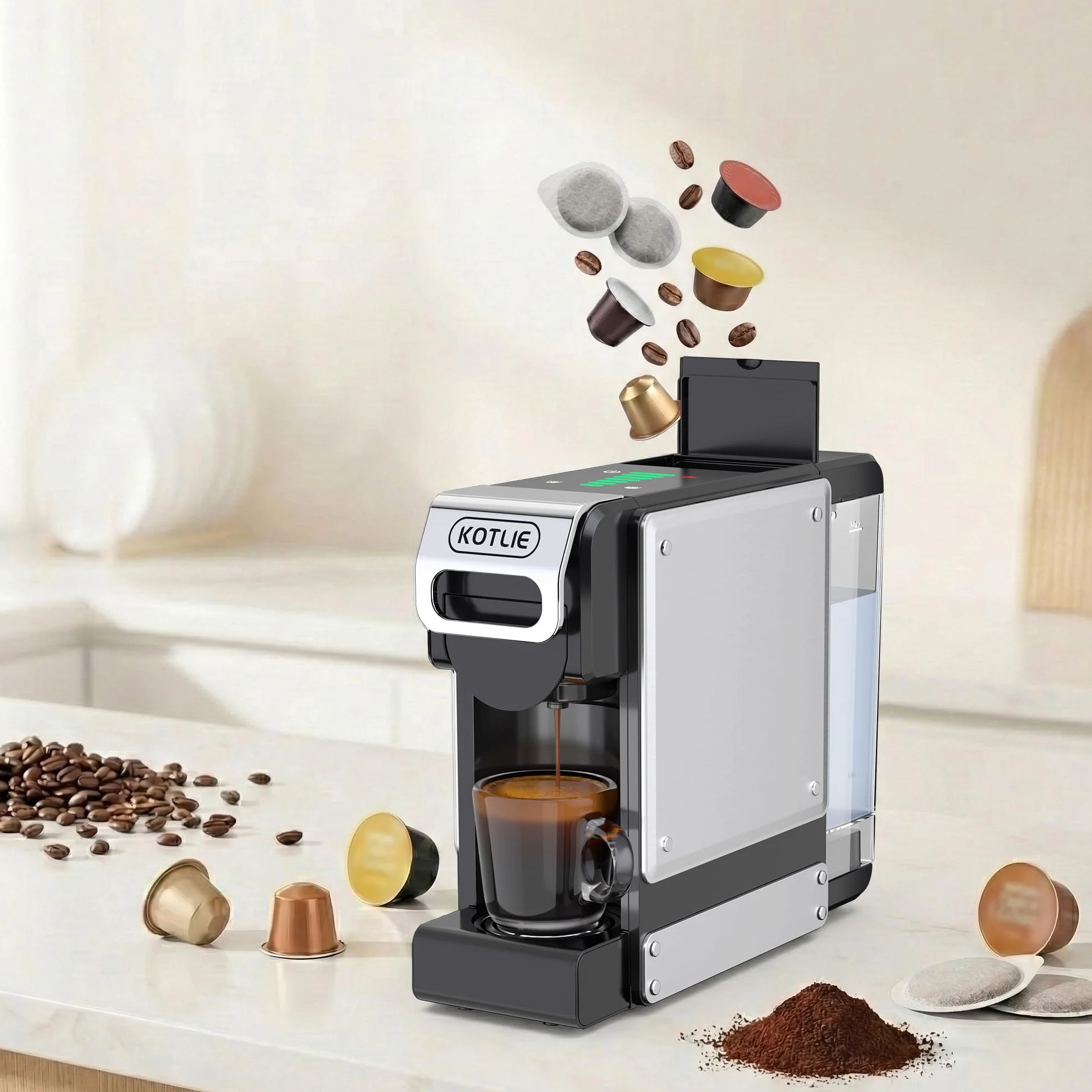 Machine à Café à Capsules 5 en 1, 19 Bar, Réservoir d'eau 1L, pour Nespresso* Original, Dolce Gusto*, LAVAZZA* A Modo Mio, Café Moulu et Dosettes ESE 44mm, 7 Niveaux d'eau avec Capteur, Compacte