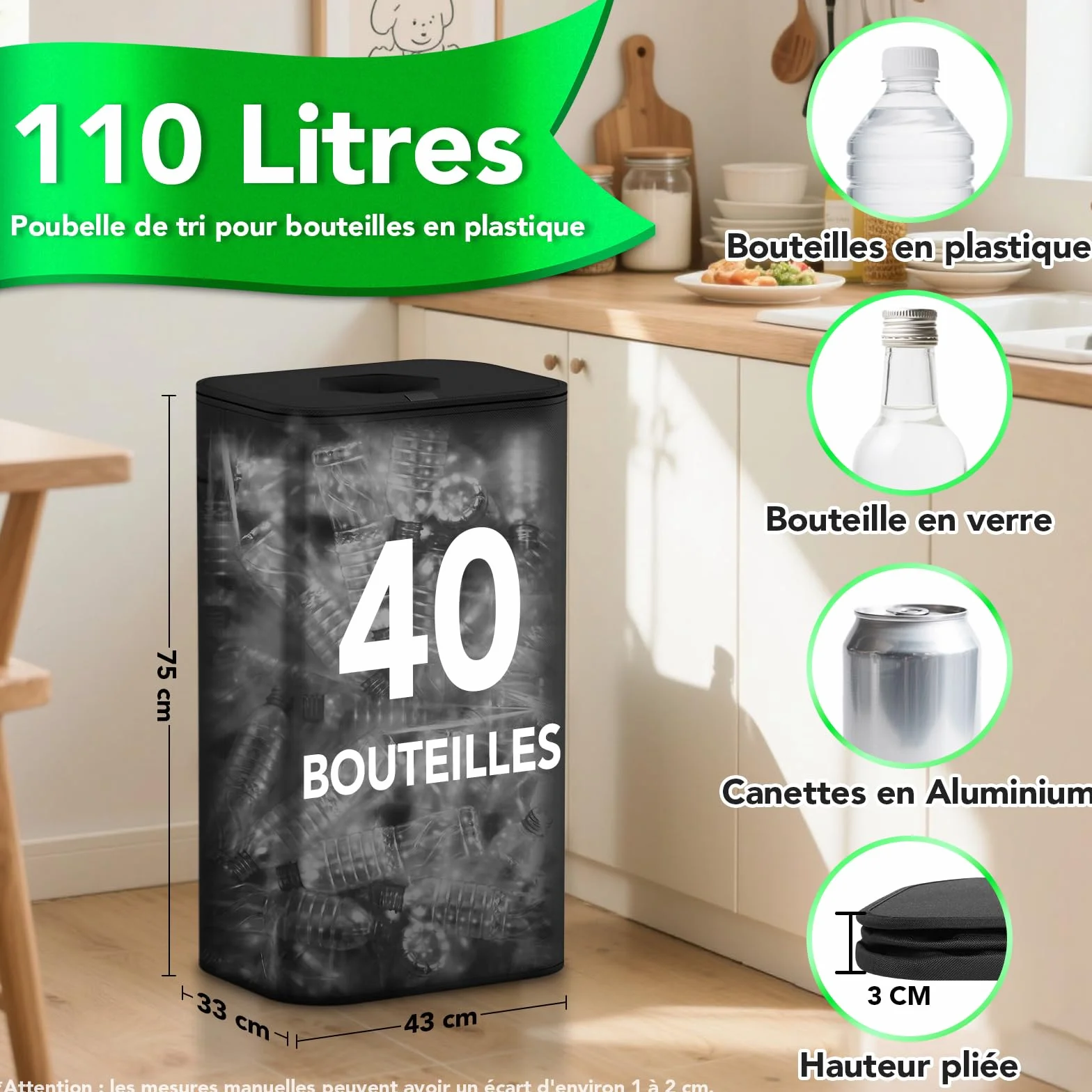 110L Poubelle Tri Selectif Plastique Bouteilles Verre Collecteur avec Couvercle Recyclage