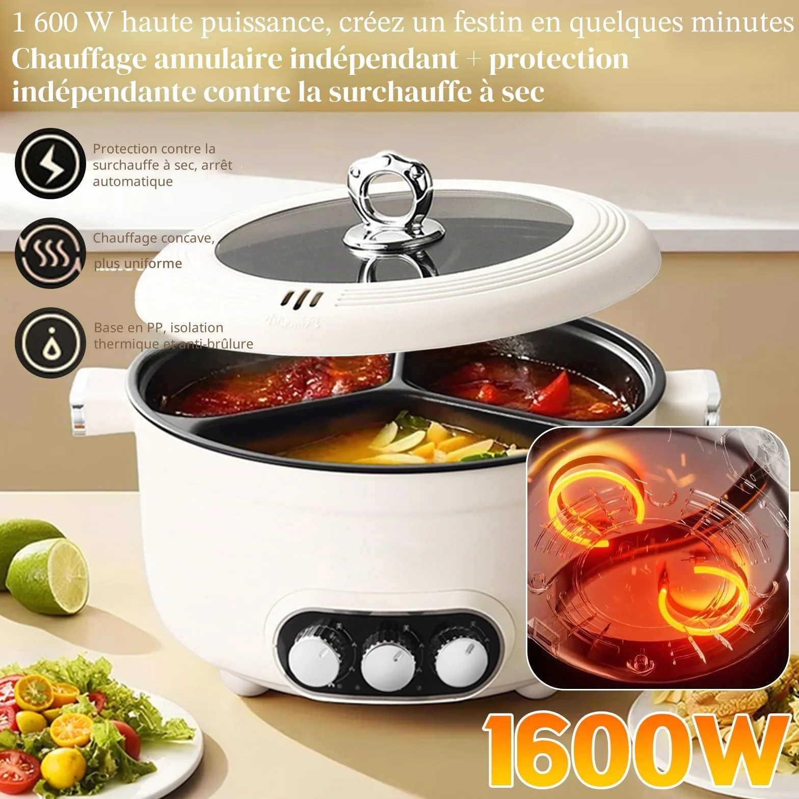 Hot Pot électrique, 5.3L Casserole Électrique, 1000W Poêle Multifonctionnelle Antiadhésive avec Chauffage Rapide & 3 Compartiments, Marmite Portable Électrique pour Frire Ramen Fondue Soupe