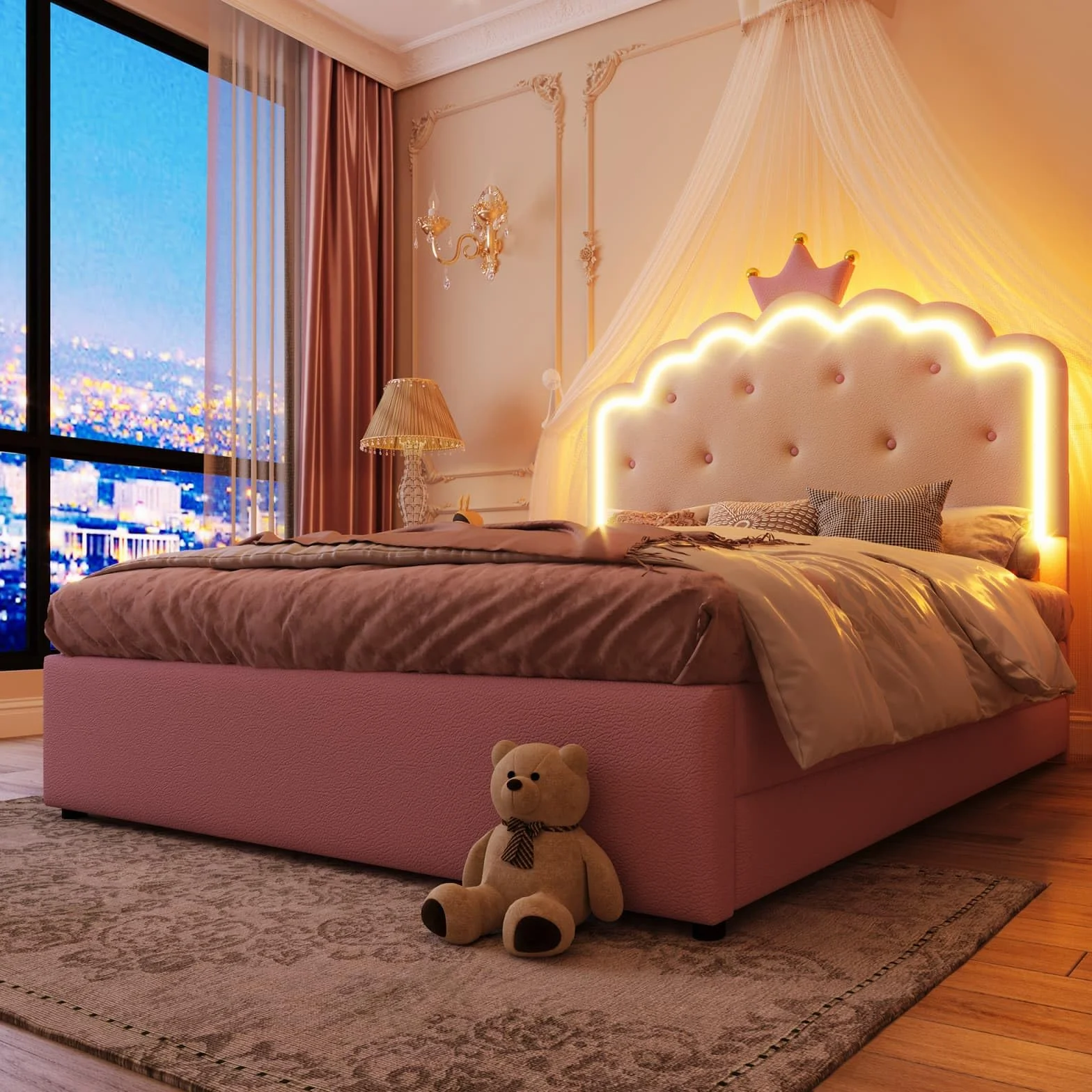 PUGSDRLY Lit Enfant 140x200cm avec lit gigogne et 2 Tiroirs,Lit Fille avec Tête en Forme de Couronne et Bande LED,Cadre avec Sommier à Lattes,matériau PU,sans Matela (Rose-C, 140x200)