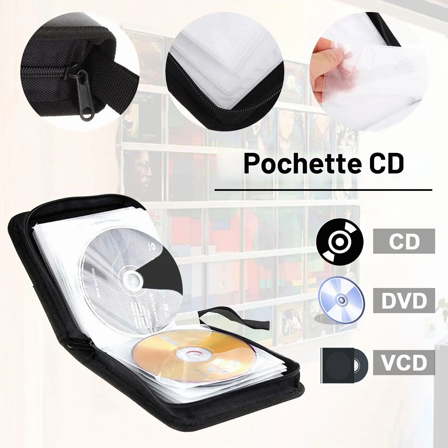 Pochette CD Range 40 CD Rangement DVD Chemise Noir