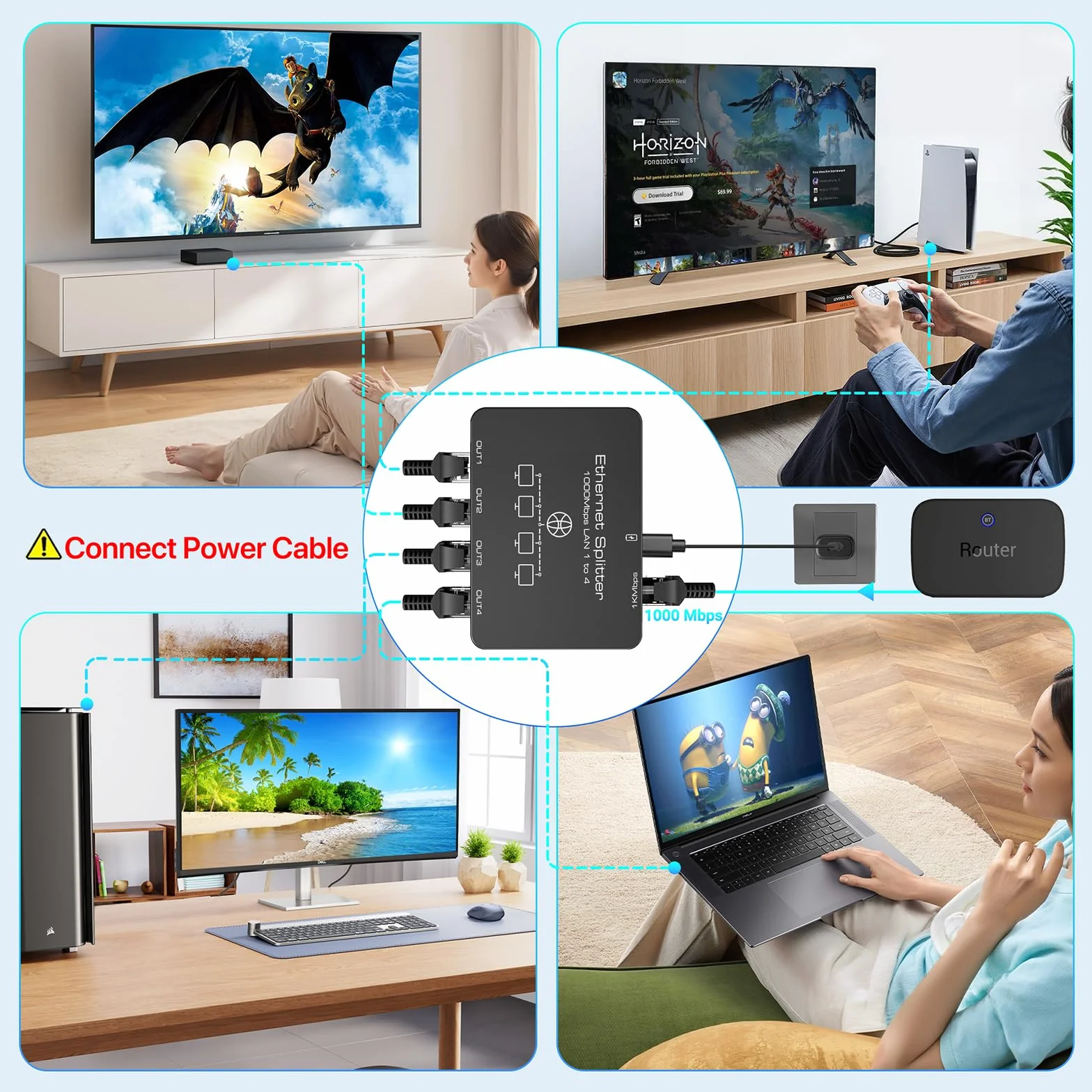 KiWiBiRD Switch répartiteur ethernet 4 Port 1000Mbps Cat 8 7 6 5e 5