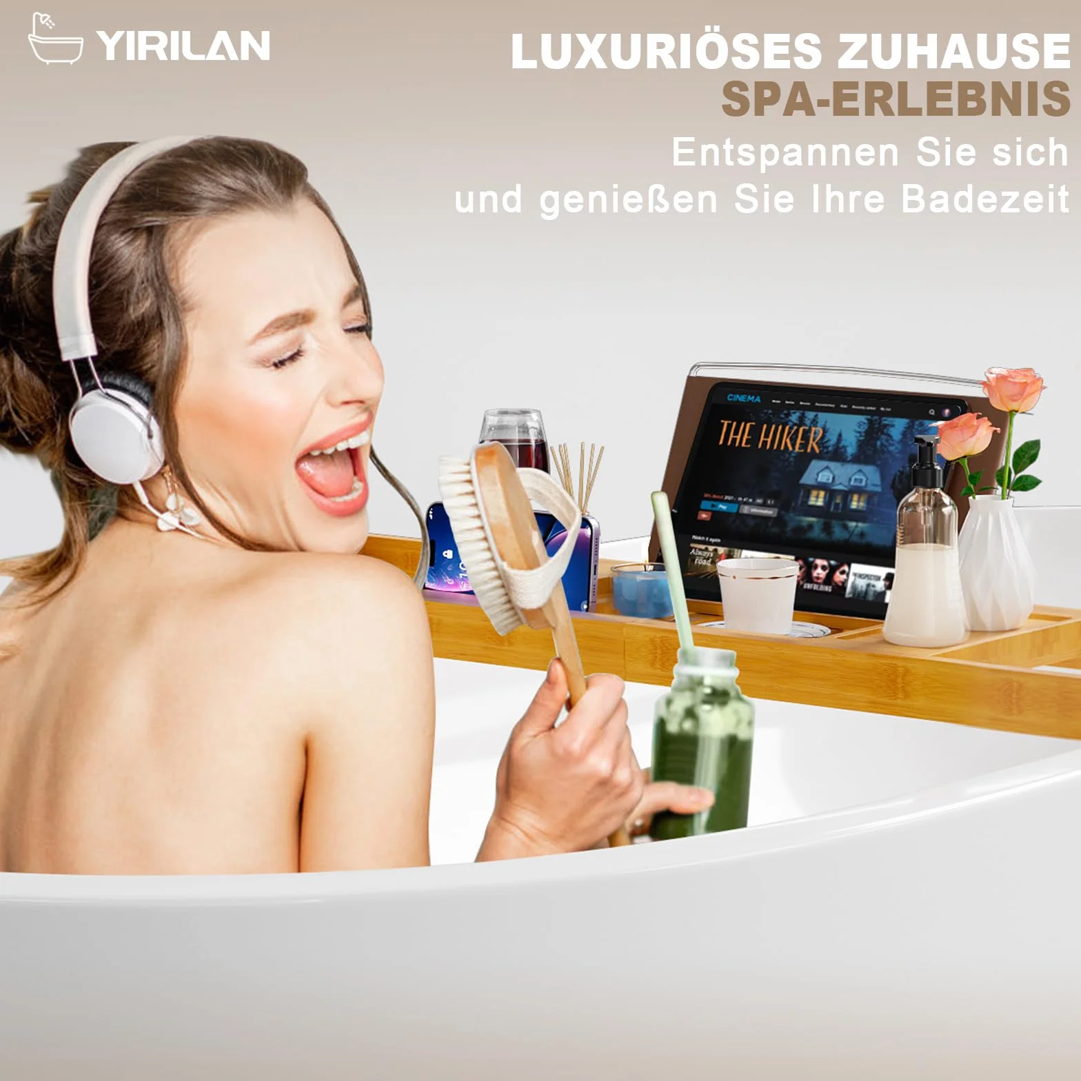 Plateau de baignoire extensible en bambou 1-2 personnes bois tissu de luxe