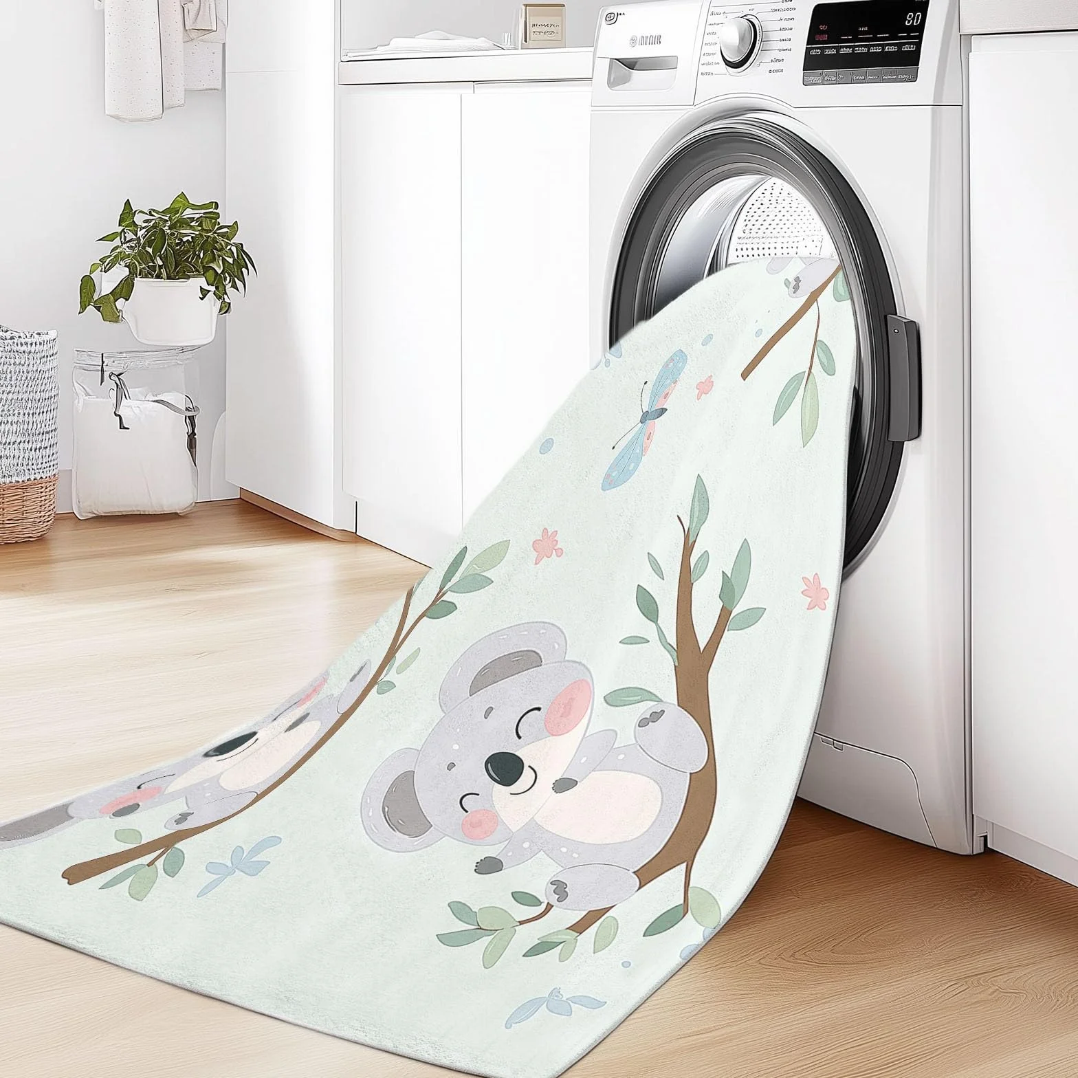Tapis Lavable en Machine Ours Koala Motif Dessin Animé 60 x 110 cm Salon Chambre Salle à Manger Cyan Clair