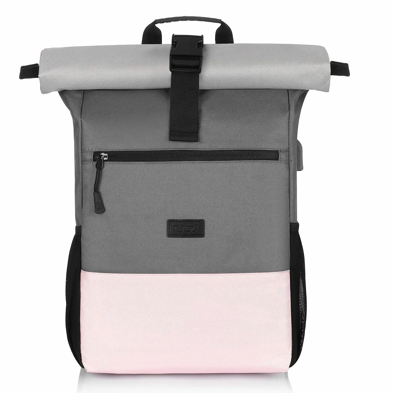 Plecak Rolltop Women, plecak na laptopa do laptopa 17,3 cala, plecak szkolny dla nastolatki z portem ładowania USB do pracy, uniwersytetu, szkoły, podróży, plecak sportowy (różowy szary-26L)