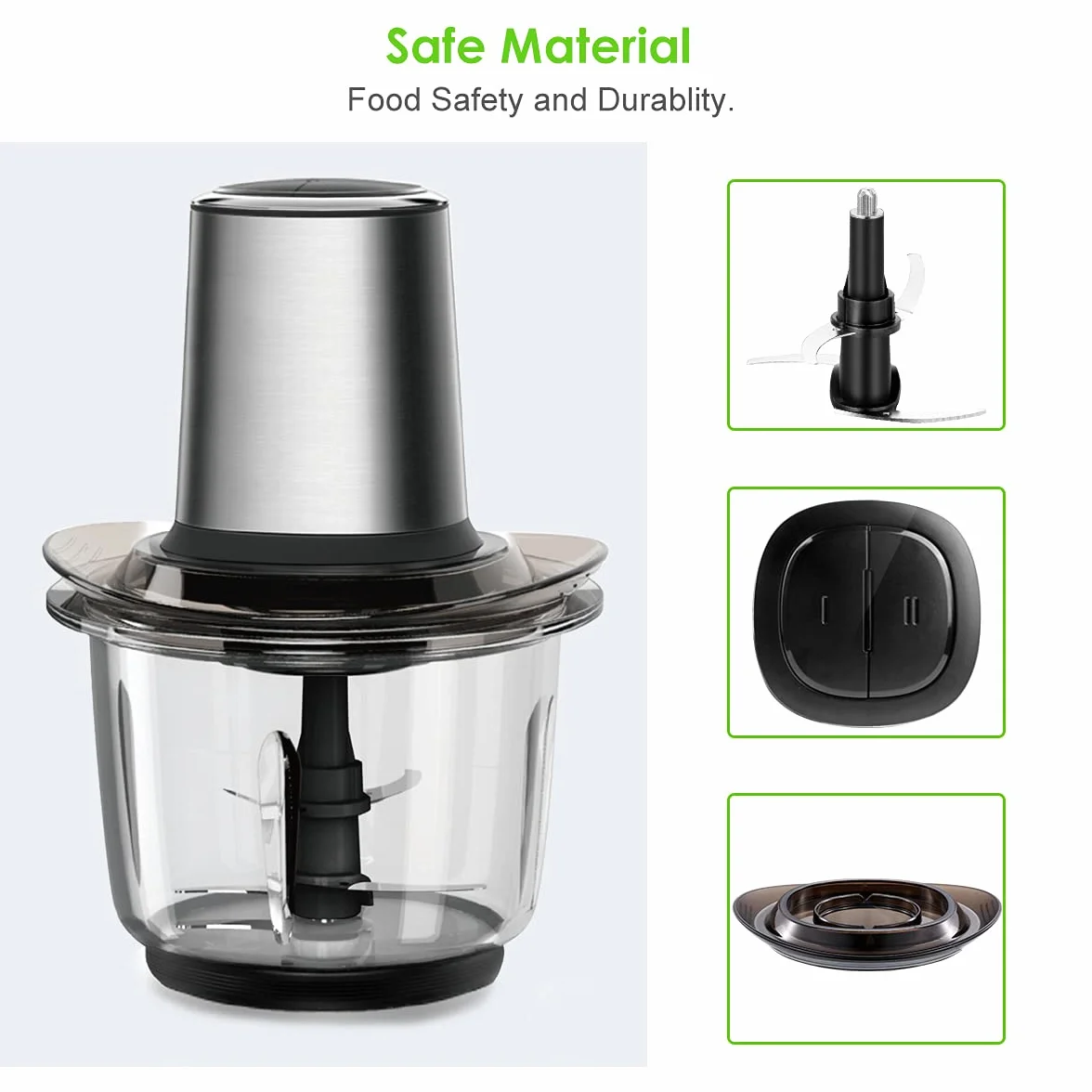 Hachoir Électrique Multifonction Avec Bol Verre 1.5L - 400W, 2 Niveaux de Vitesse, 4 Lames Amovibles pour Viande, Oignon, Herbes, Fruit Sec Rapide