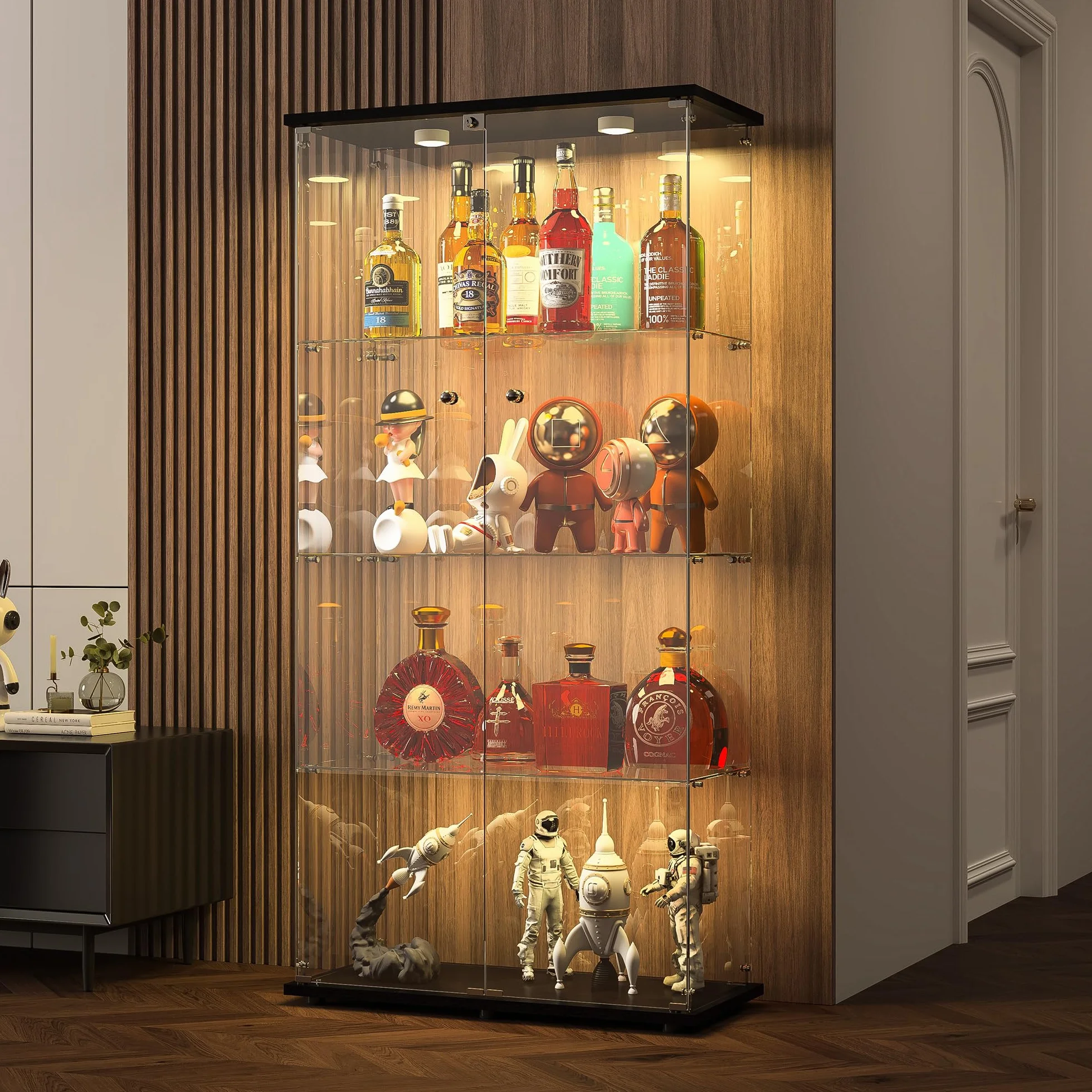 Vitrine en Verre avec LED 164x80.5x36.5cm, Armoire de Collection avec 2 Portes et 4 étagères en Serrure, Transparent pour Le Bar, Curio, Salon, Noir