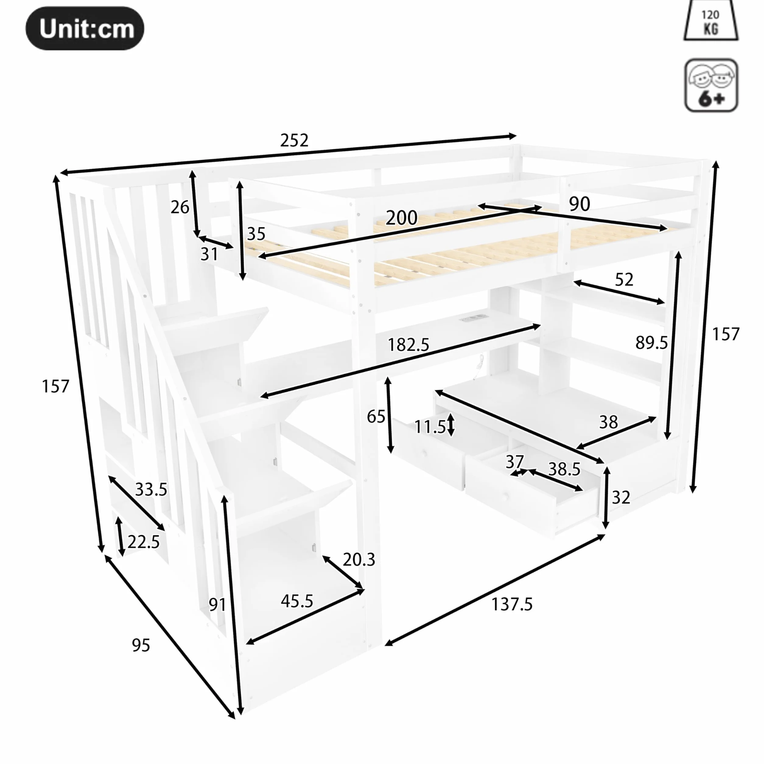 Sapgaks Lit Superposé Enfant 90x200 avec Bureau et étagères, Lit Cabane Enfants 90x200 avec Escalier de Rangement et 2 Tiroirs Intégrés, Lit Mezzanine 1 Place avec Barriere en Bois, Blanc
