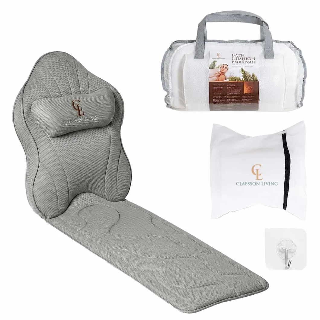 Coussin Baignoire Corps Complet Claessonliving (126x41cm) - Matelas de Bain avec appuie-tête (13cm) & Supports Corps - Coussin Baignoire Adulte - Oreiller Baignoire - Sacs de Lavage Inclus - Gris