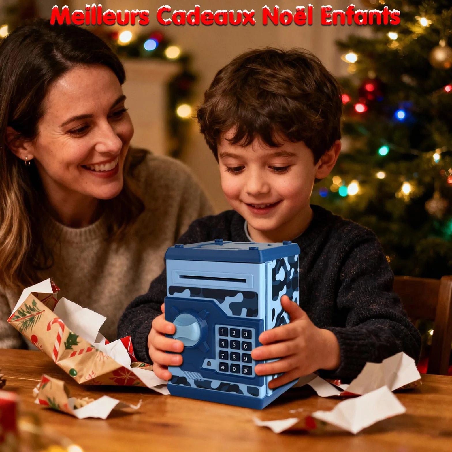 Tirelire Électronique ATM pour Enfants 3+ Coffre-Fort à Code Pièces Billets Grande Capacité Papier Défilement Automatique Bleu