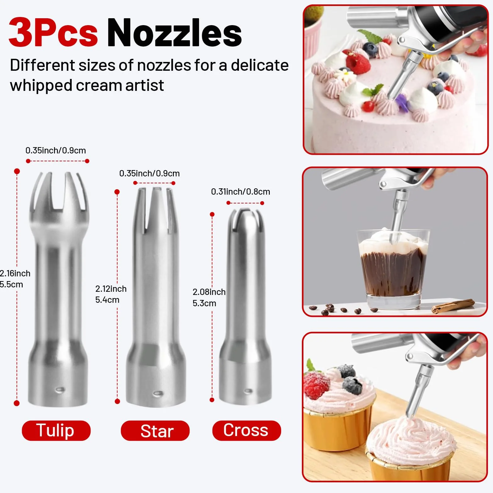 Siphon Chantilly 500ml en Acier Inoxydable avec 3 Douilles et Brosse de Nettoyage