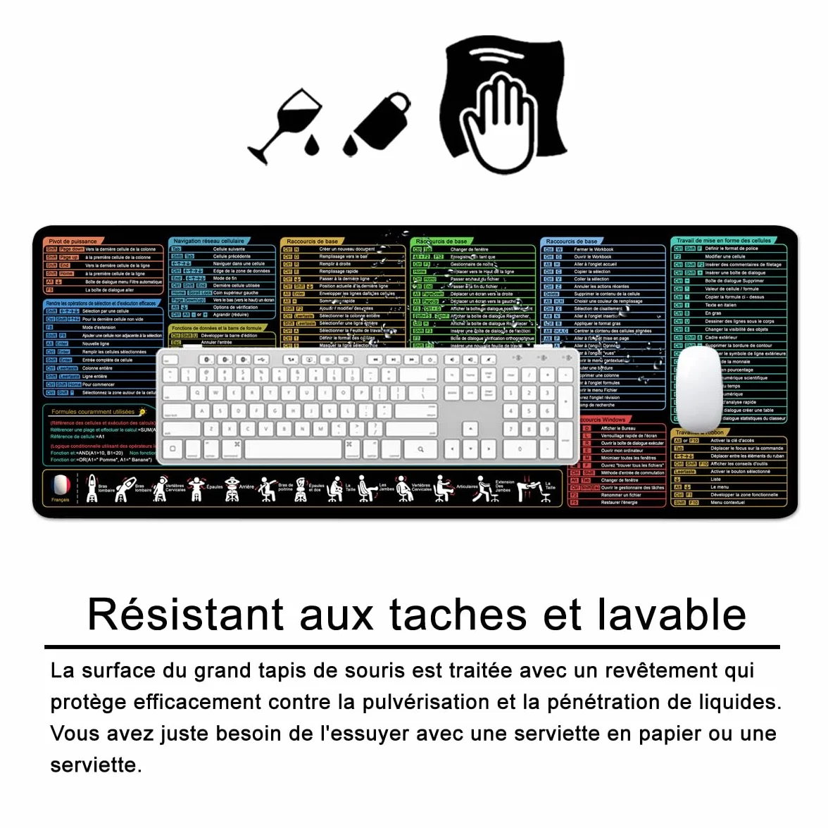 Excel Shortcuts Tapis de souris XL Grand tapis de souris de jeu Noir Sous-main Bureau