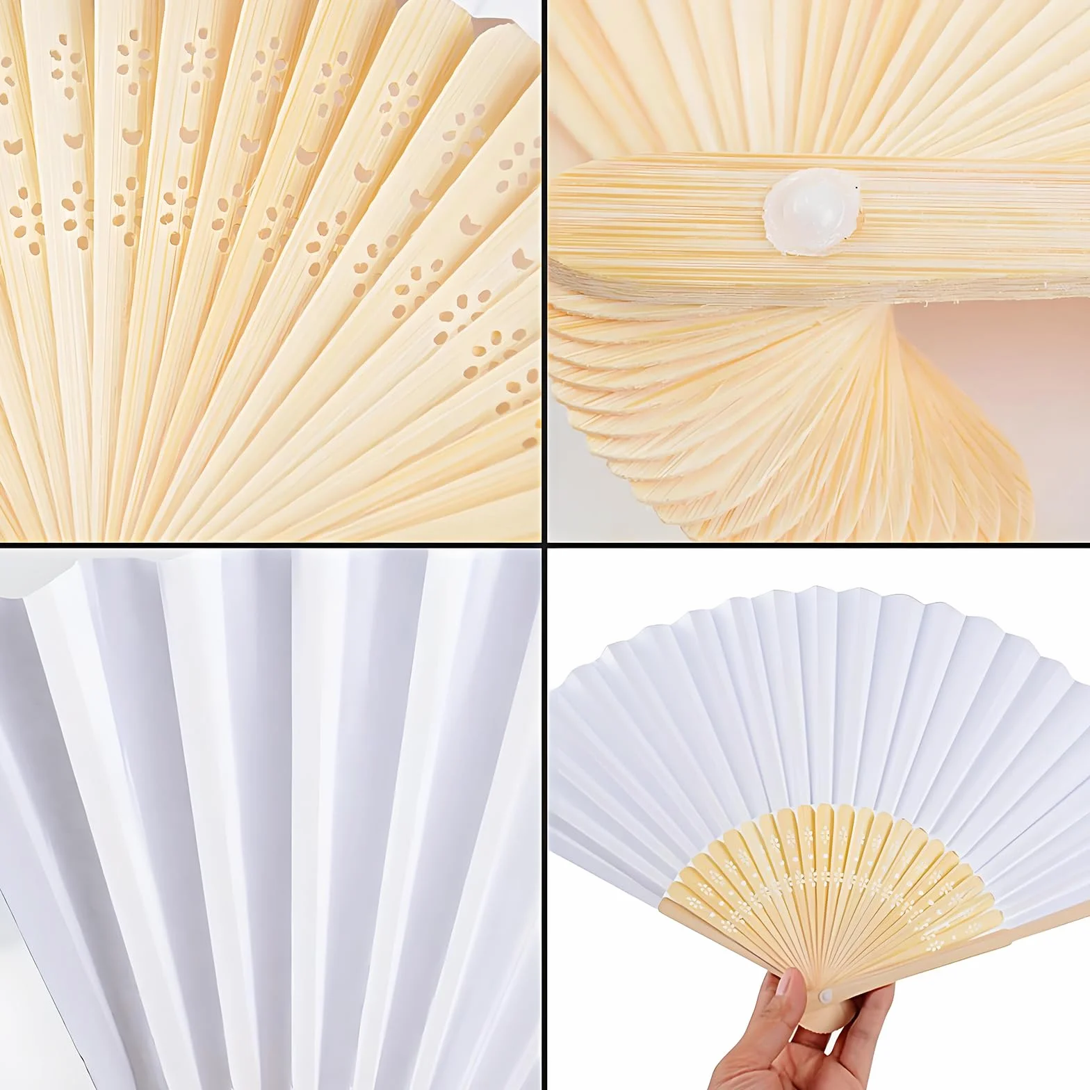 50 Pièces Eventail Mariage Blanc, Lot Eventail en Papier Bois et Bambou Éventail Mariage pour Mariage Peinture Calligraphie DIY Cadeau Décoration Cadeaux de Fête DIY Décoration Baptême