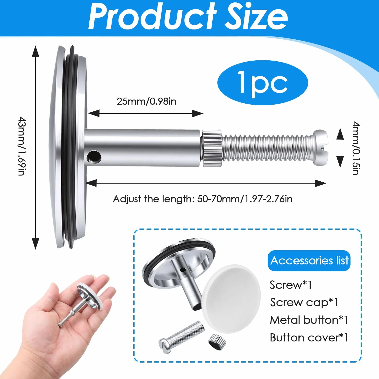 Bouchon Baignoire 43mm Double Joint d'Étanchéité Chromé Laiton pour Éviers Lavabos Standard Montage sans Outil Hauteur Réglable 45-70mm