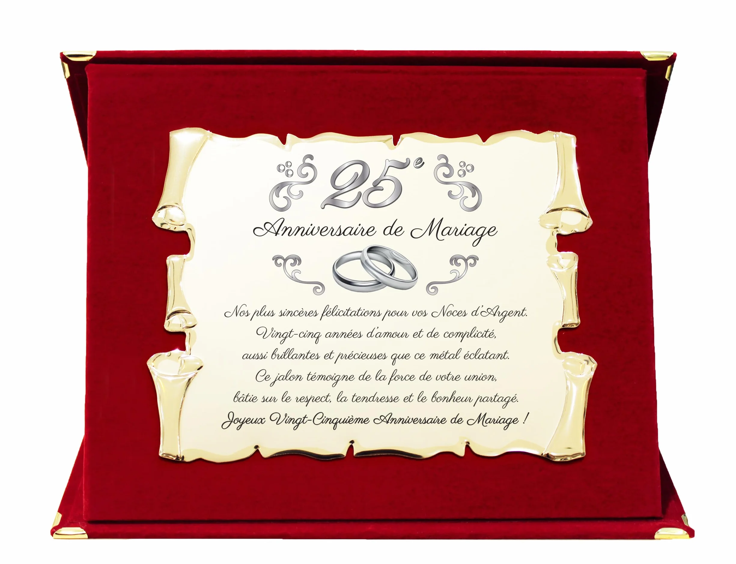 Plaque Souvenir 25e Anniversaire de Mariage Noces d'Argent Métal Doré Décoratif Rouge