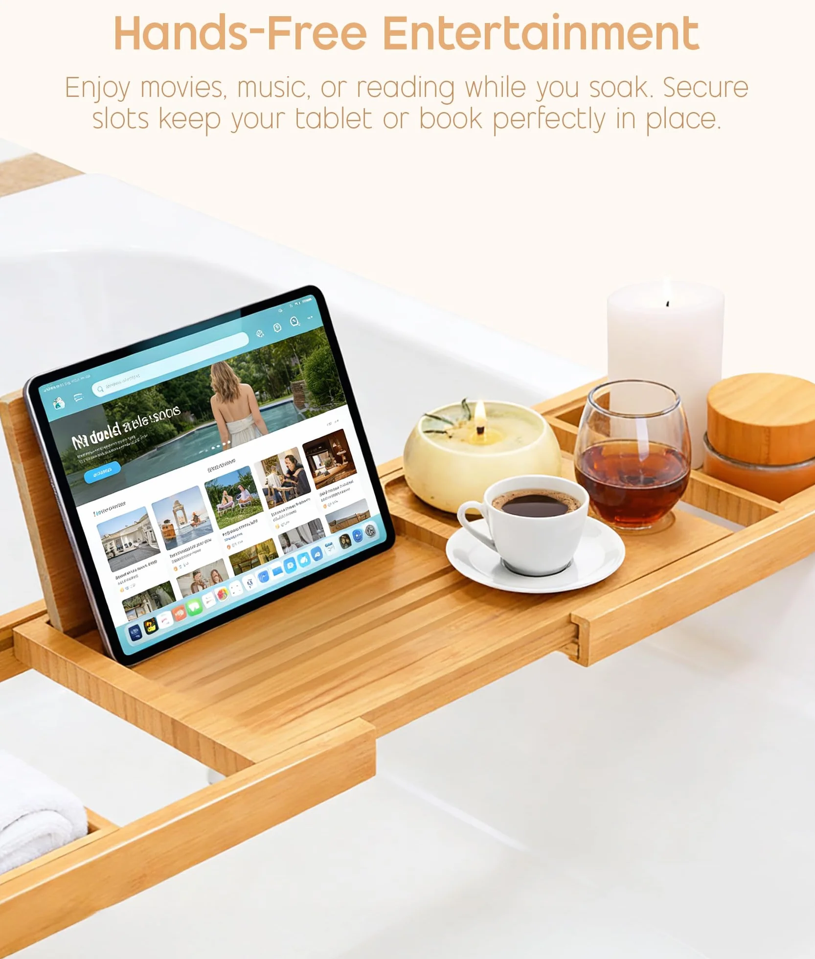 ADOV Pont de Baignoire Extensible en Bambou Naturel avec Porte-Bougie, Verre, Livre, Téléphone, Antidérapant