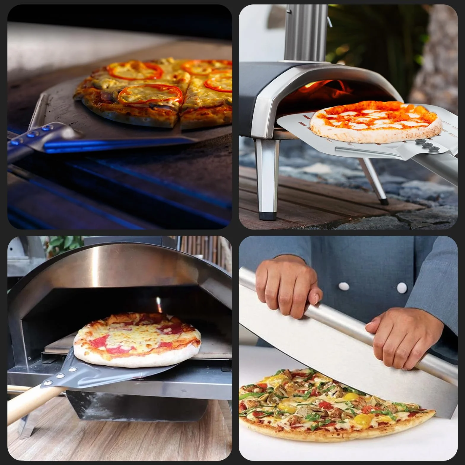 iklestar 4PCS Accessoires pour four à pizza, Pelle a pizza perforée de 30 cm, Peau à pizza en aluminium de 83cm avec un long manche, Outil de nettoyage de la pierre du four